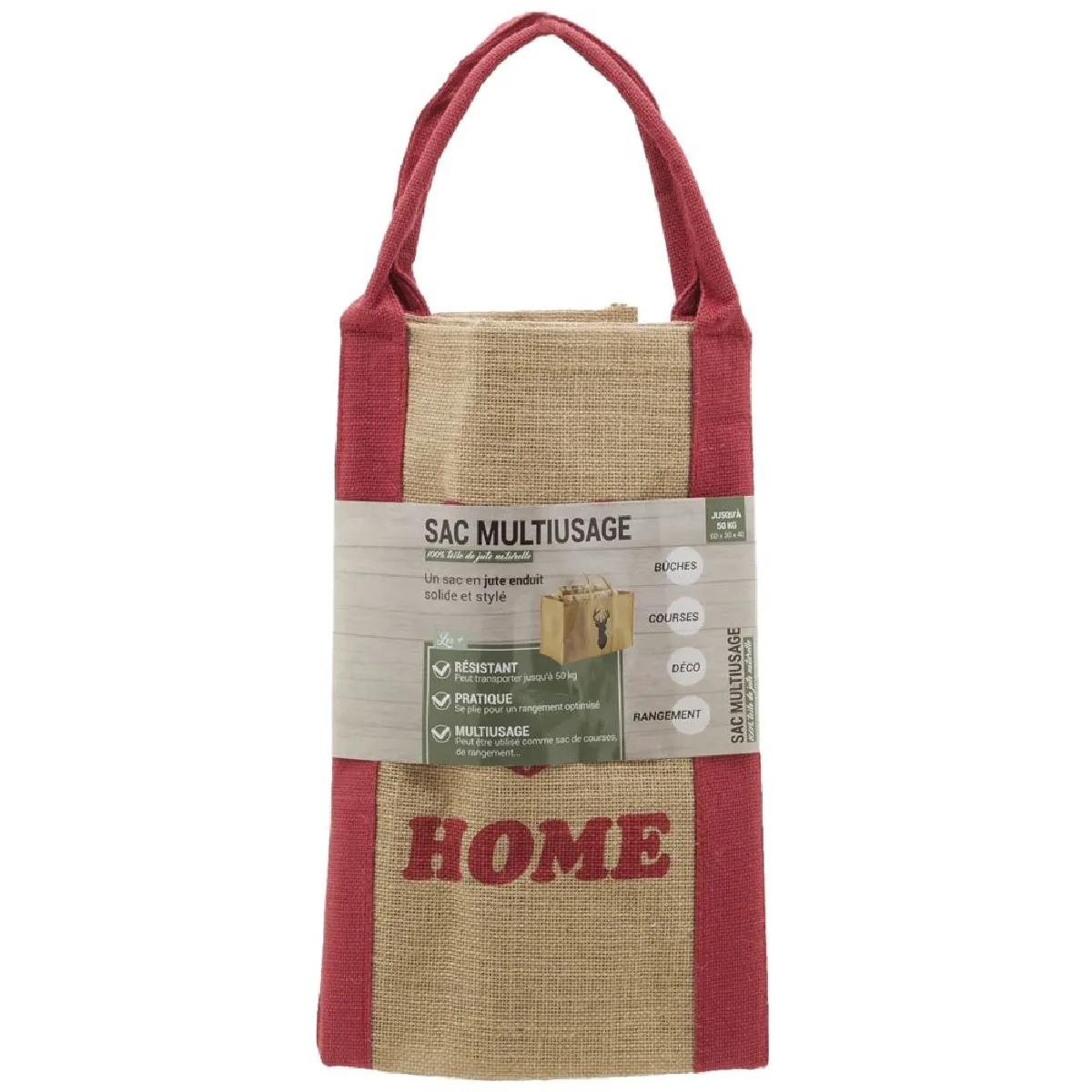 Aubry Gaspard Sac à bûches en jute motifs rouge.