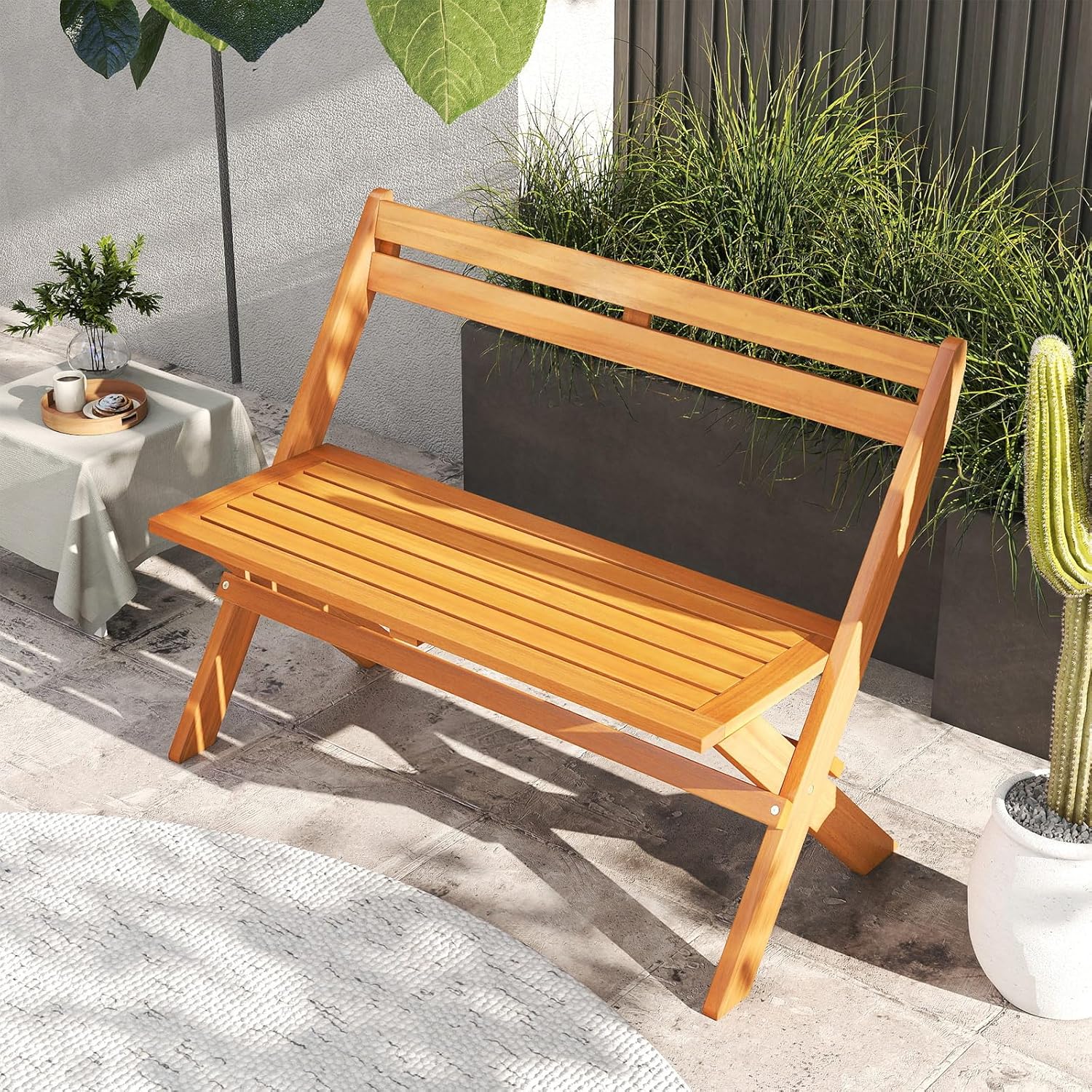 COSTWAY Gartenbank Holz, Holzbank wetterfest, klappbare Sitzbank aus Akazienholz, 2-Sitzer Balkonbank, Terrassenbank bis 360 kg belastbar, Parkbank für Garten, Balkon, Terrasse