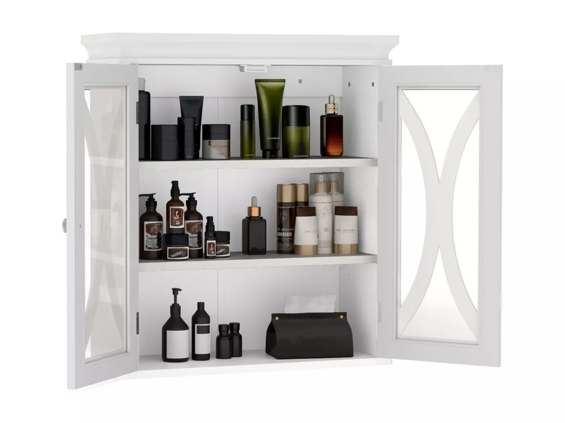YITAHOME Meuble Mural avec 2 Portes Vitrées, Meuble Haut pour Salle de Bains, Armoire avec Étagère Réglable, Blanc