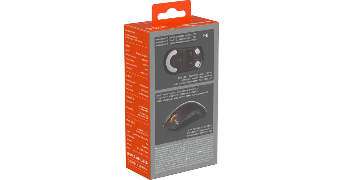 SteelSeriesRival 3 Wireless Gen 2 gaming muis  (Zwart, 18.000 dpi, RGB leds)