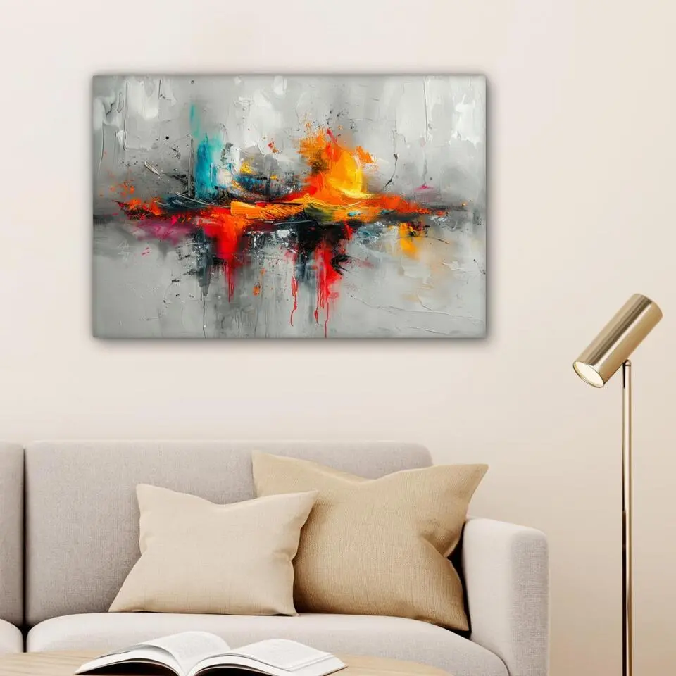 MuchoWow Canvas Schilderij 90x60cm Moderne kunst Oranje Grijs