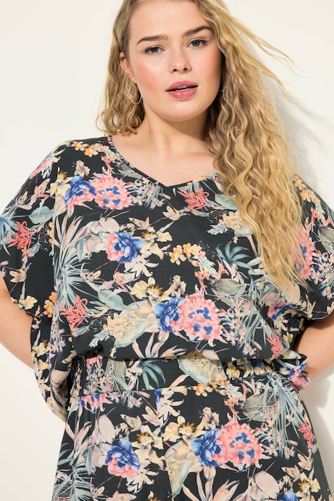 Blusenshirt, oversized, Tropical-Print, V-Ausschnitt