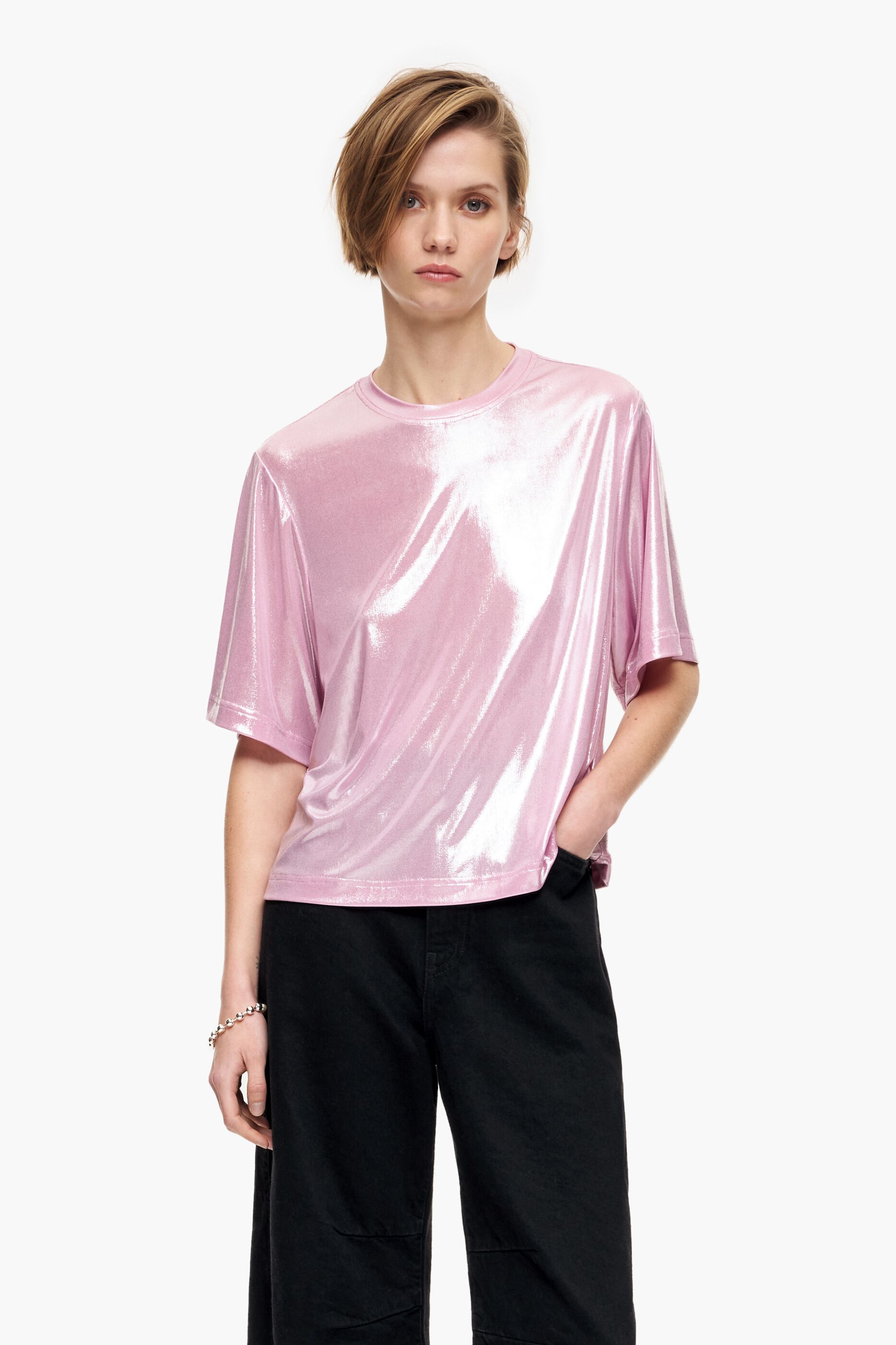 camiseta rosa com glitter