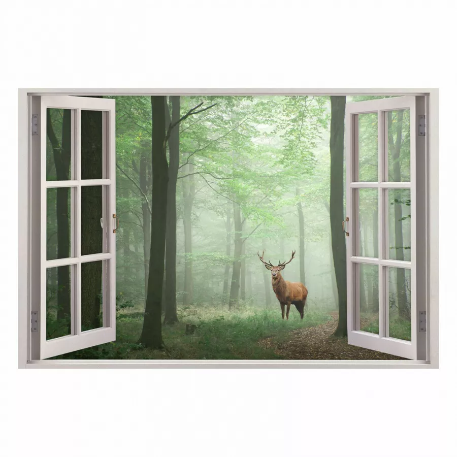 Nikima Wandtattoo 217 Fenster - Wald Hirsch im Nebel in 5 vers. Größen grün