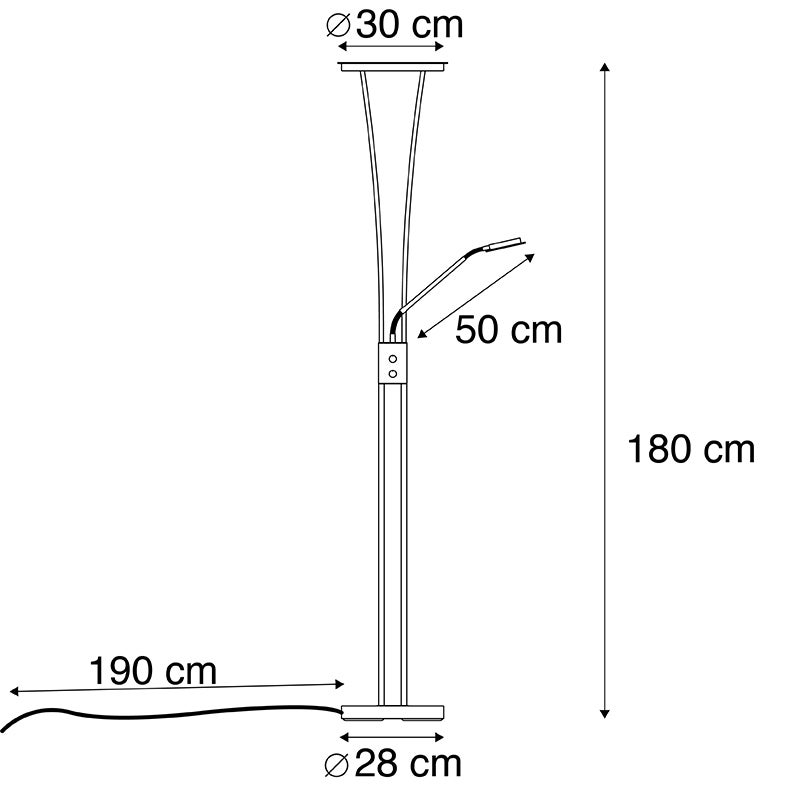 QAZQA - Moderne vloerlamp | Staande lamp | Lamp | Lamp Zwart incl. LED met leesarm - Divine Dimmer | Dimbaar | Woonkamer | Slaapkamer | Uplighter - Staal Langwerpig - I (niet