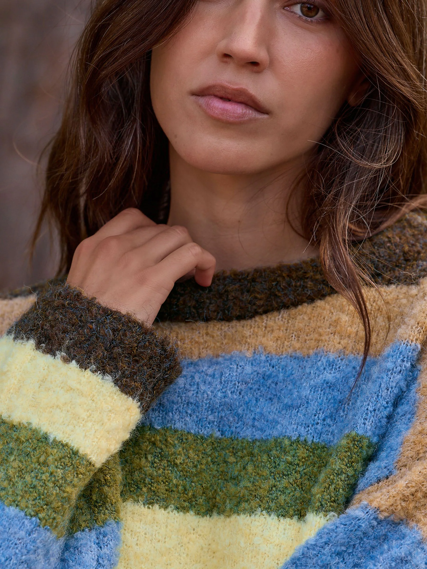 Chocoladebruin/blauw, meerkleurig gestreept - Boucle Ronde hals Trui Met Wol