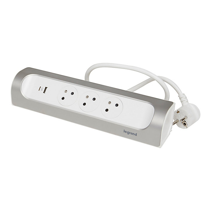 Multiprise 3 prises + 1 x USB-A + 1 x USB-C Legrand blanc et aluminium 1 m