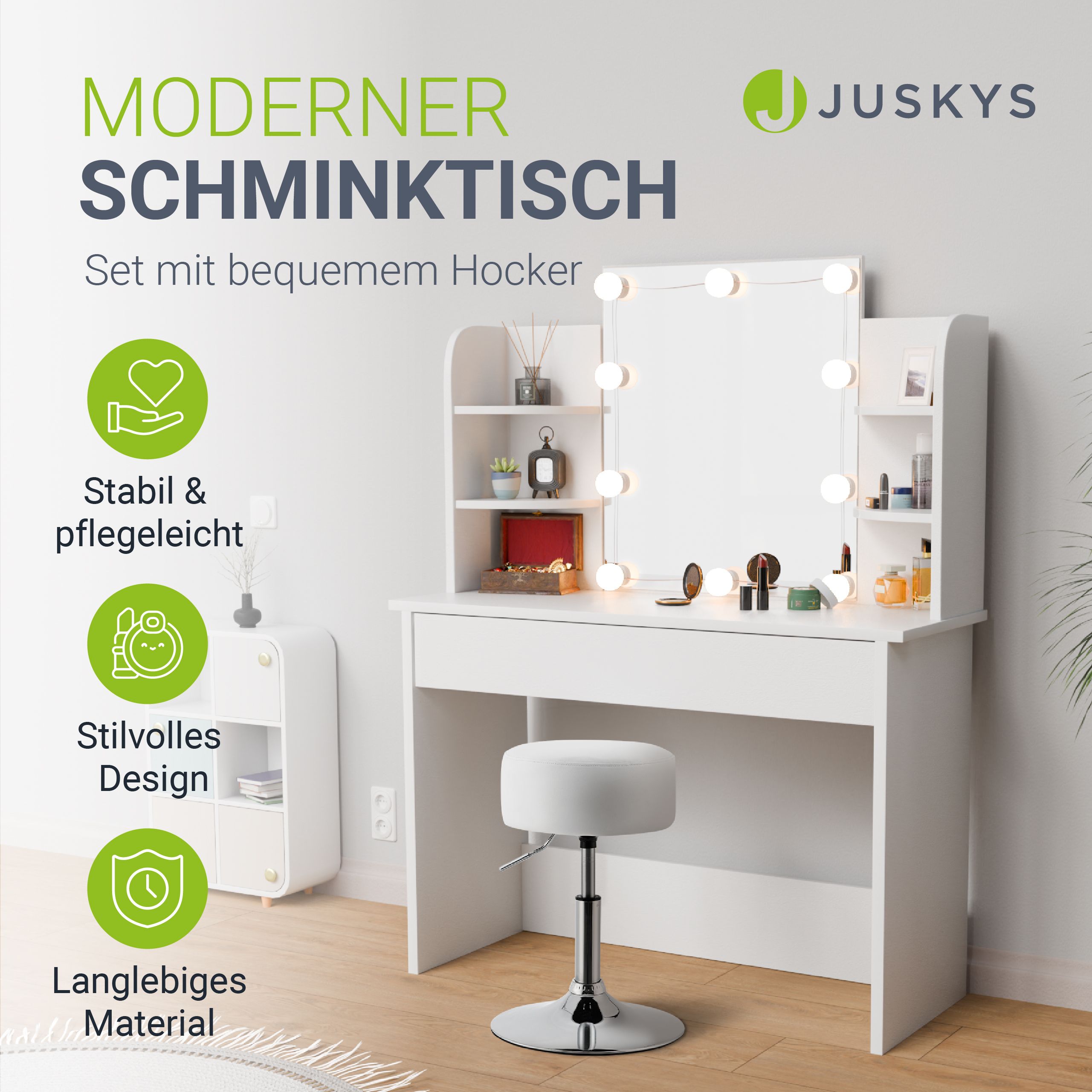 Juskys Schminktisch Bella mit LED & Hocker Tonia rund, höhenverstellbar - Spiegel & Stauraum - Weiß