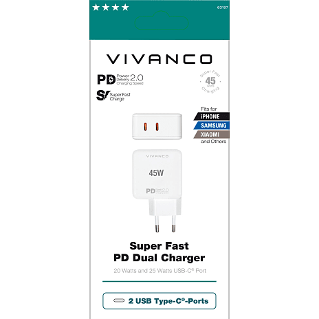 Vivanco oplader 2 USB udgange 45 W - hvid