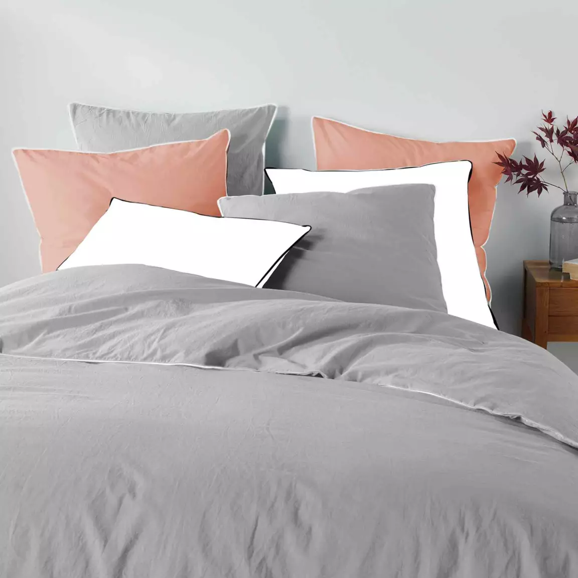 Drap housse coton lavé (160 x 200 cm) Linette Gris