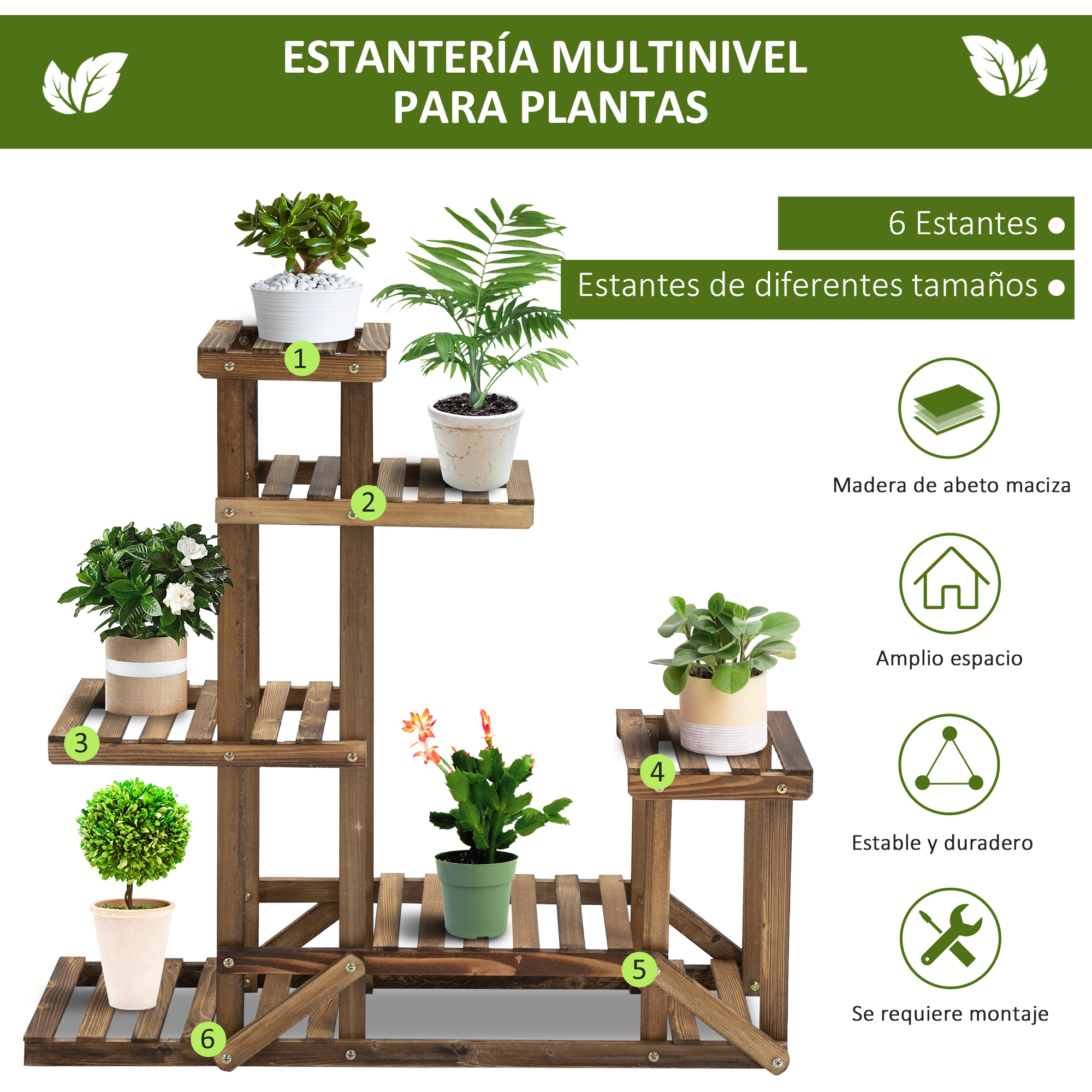 Suporte de madeira Outsunny para flores, prateleira decorativa para vasos de plantas com 6 prateleiras, para uso interno e externo em jardins, varandas e terraços, 95x28x96,5 cm, acabamento carbonizado.