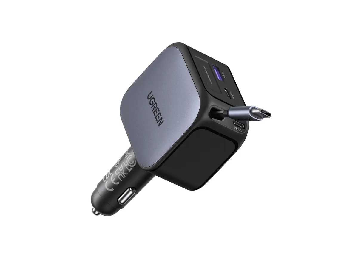 (145W) 2x USB C / USB A Auto Ladegerät Fast Car Charger mit ausziehbarem USB C Ladekabel (55910B) - Silber / Schwarz