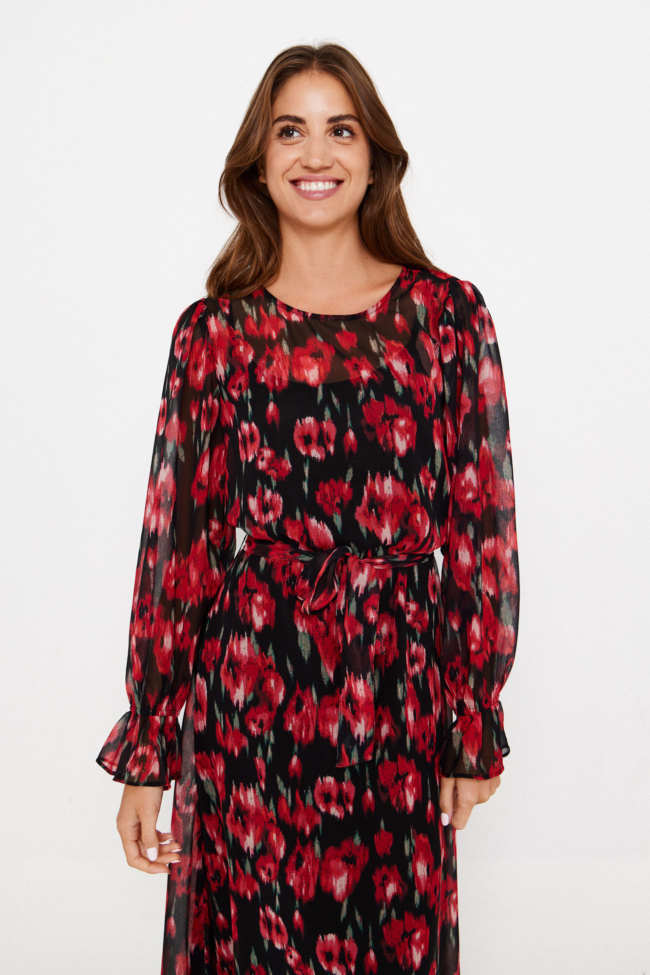Vestido longo com gola redonda