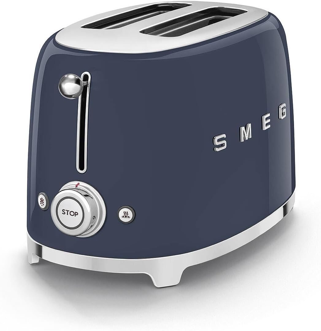 Smeg, 2x2 TSF01NBEU -Toaster, 2 Schlitze für 2 Scheiben, 6 Vergoldungsniveaus, Heizfunktion, Abtau- und Bagel- Funktion, Sammelschublade, 950W, Navy Blue