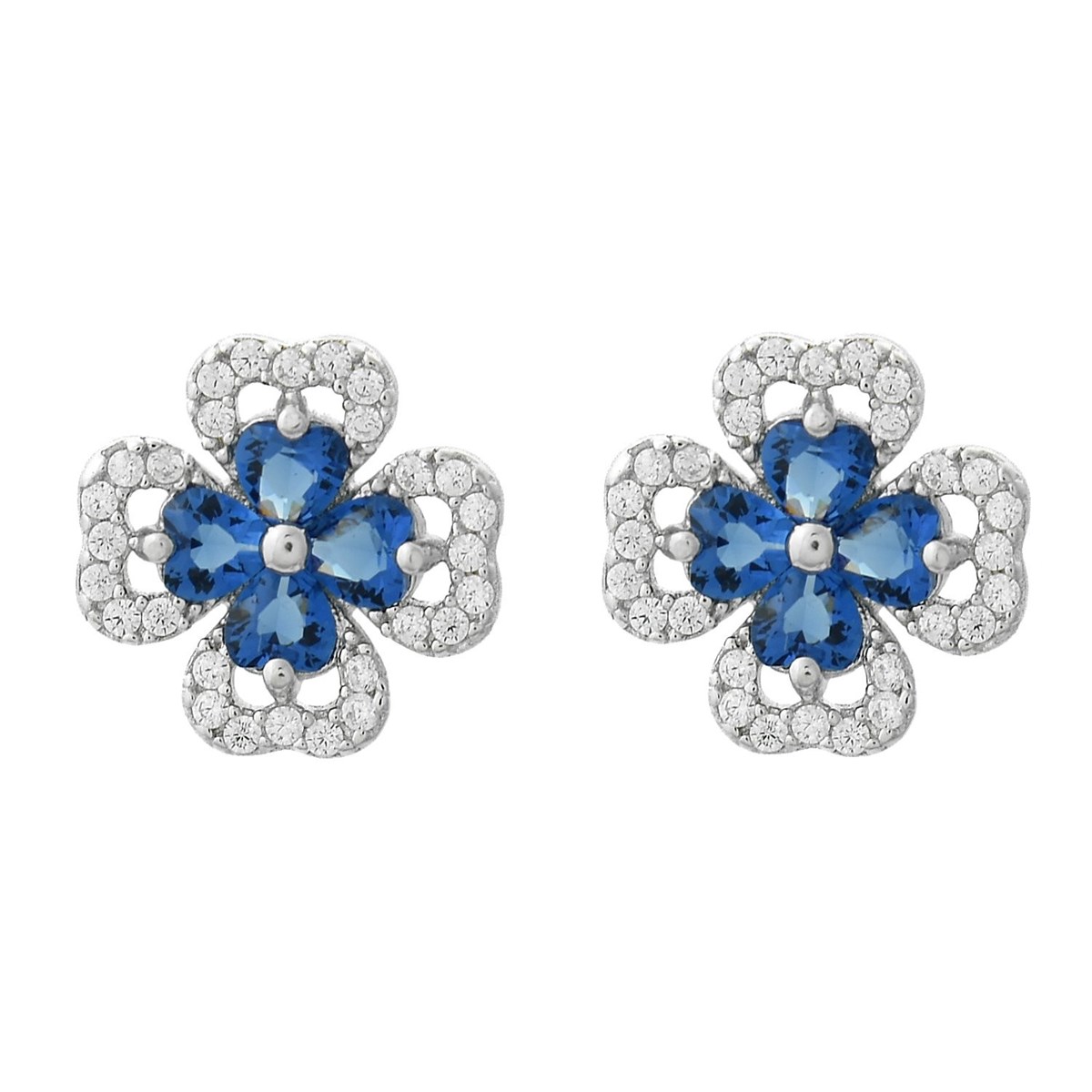 Boucles d'oreilles trèfle de coeurs oxydes de zirconium bleus roi Argent 925 Rhodié