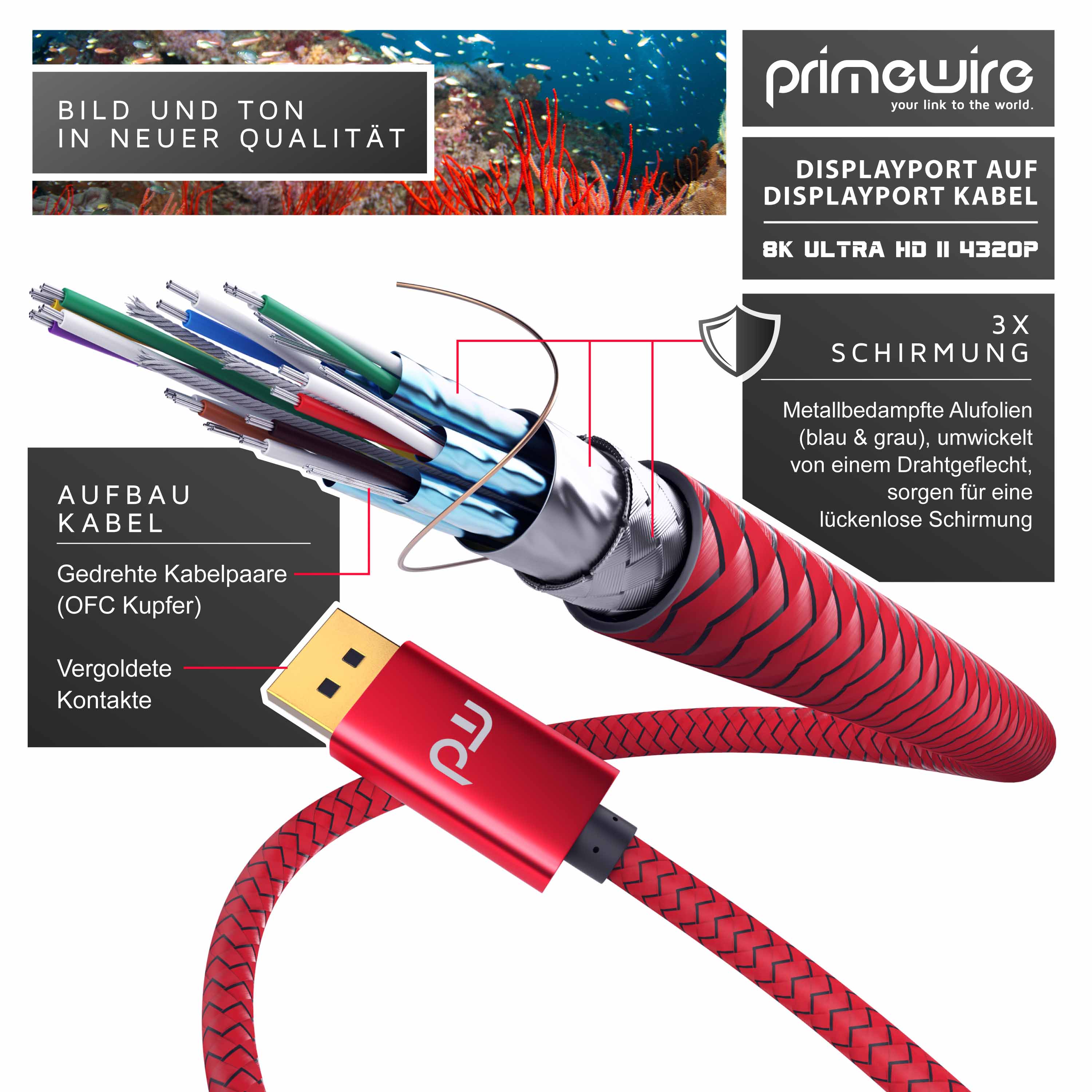 Primewire Premium DisplayPort auf DisplayPort Kabel mit Nylonummantelung 8K 7680 x 4320 @ 60 Hz mit DSC - 2m