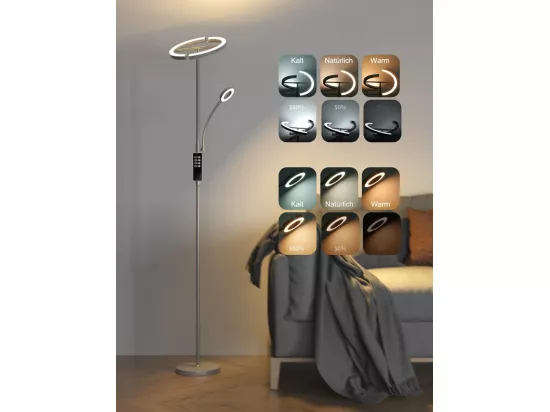 Anten Lampadaire sur Pied Salon, 20W Lampadaire LED Dimmable en Continu avec 7W Lampe de Lecture Souple,3 Températures Couleur,Salon/Chambre/Bureau
