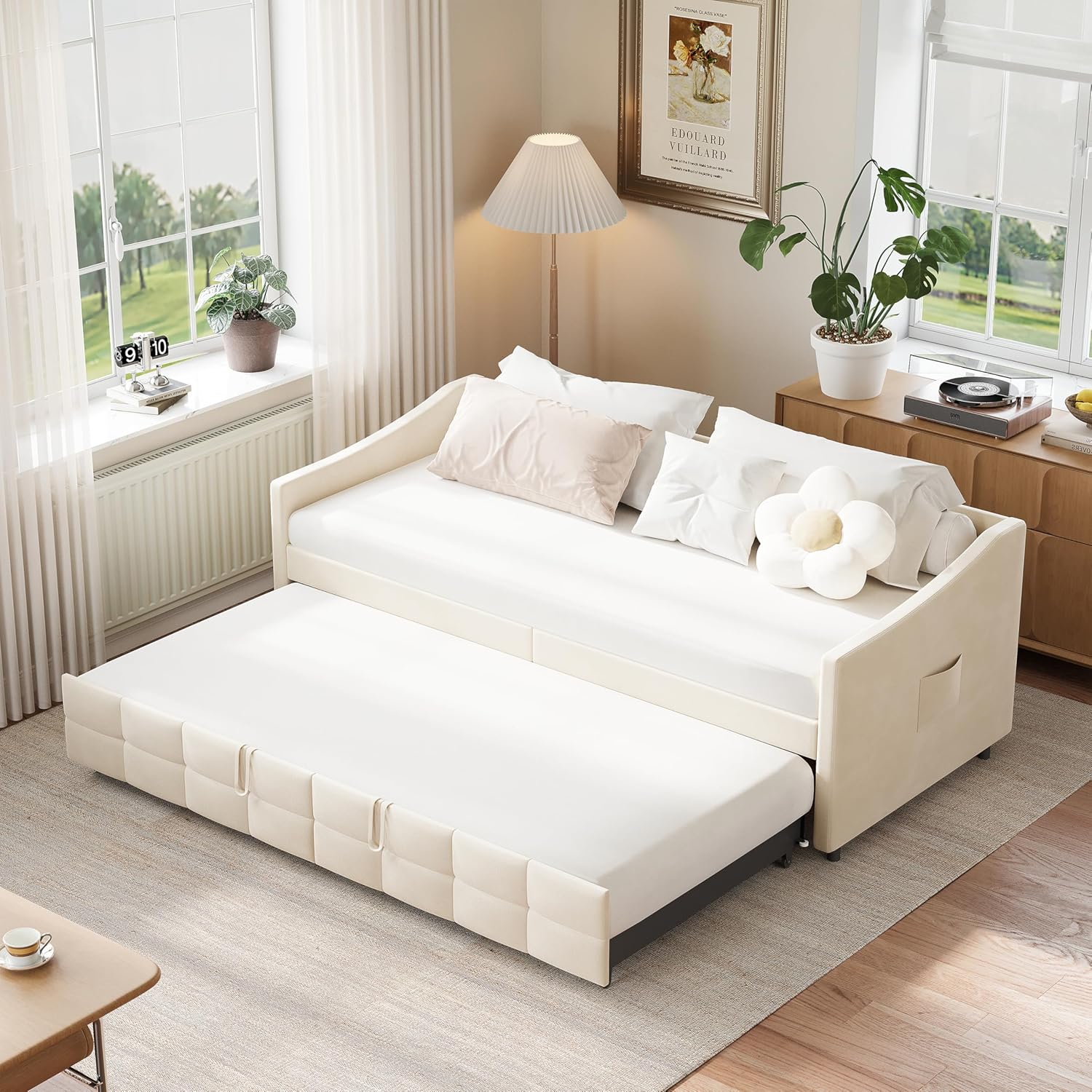 Schlafcouch Ausziehbar, Tagesbett Ausziehbar, Ausziehbett, Schlafcouch 180x200, Flanell, 90/180 x 200 cm, ohne Matratze (Creme)