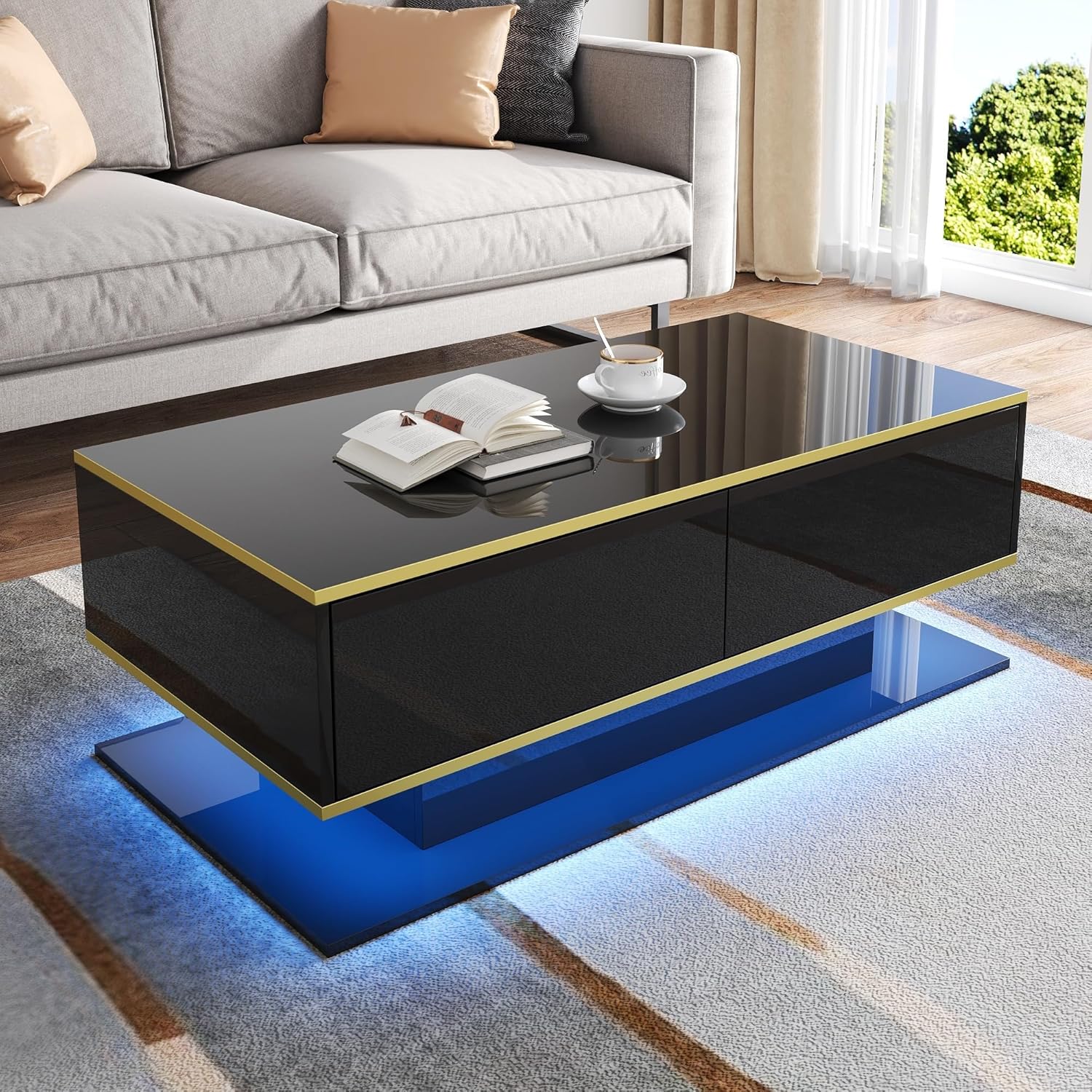 Merax LED Couchtisch Hochglanz mit Goldverzierung, Moderner Wohnzimmertisch 100x50x40 cm, Sofatisch mit 3 Schubladen & USB-LED-Licht, Kaffeetisch Beistelltisch Schwarz