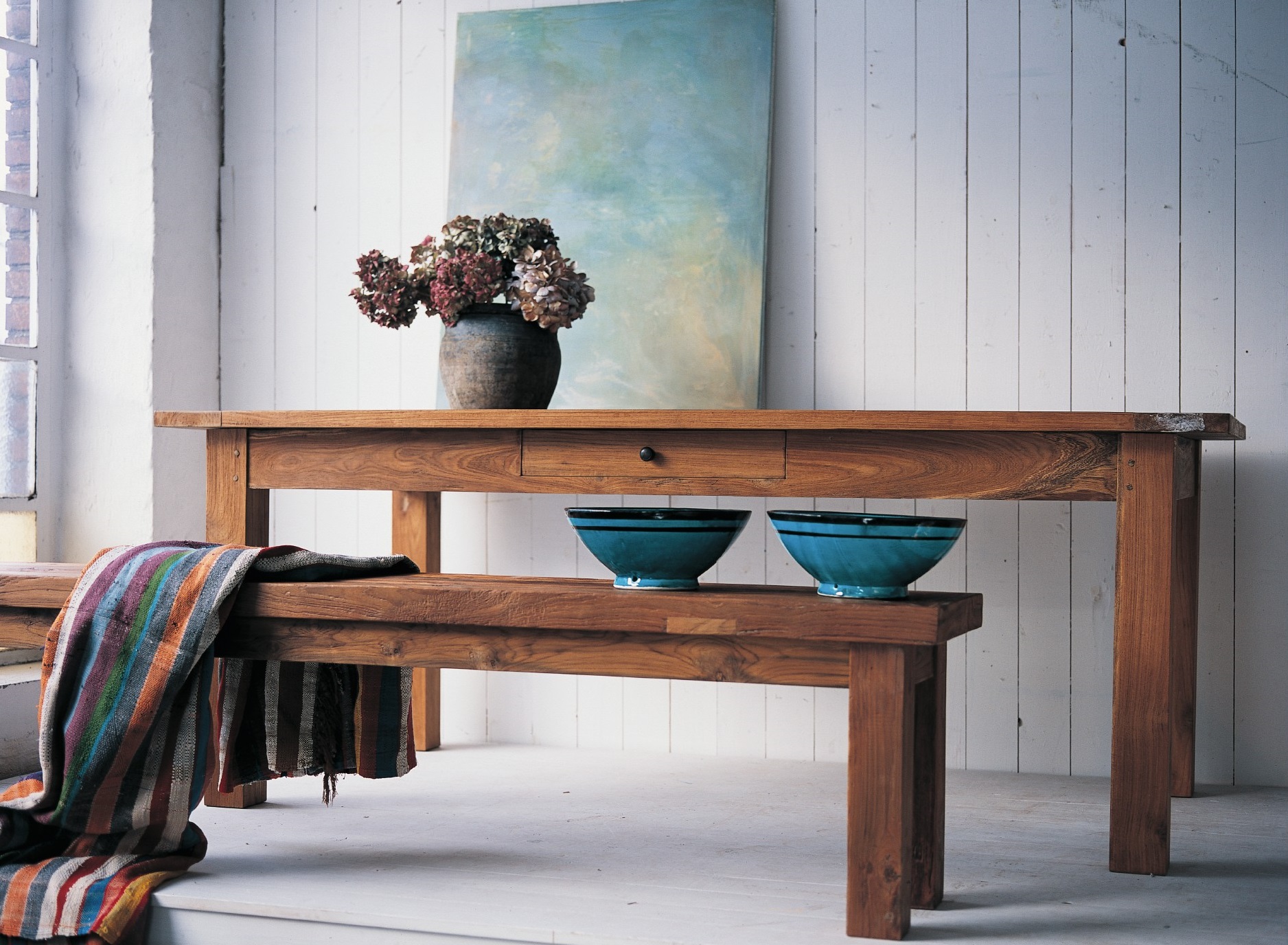 Esstisch aus recyceltem Teak mit Schublade, natur, L 140 cm, B 80 cm, H 79 cm von fischer's lagerhaus