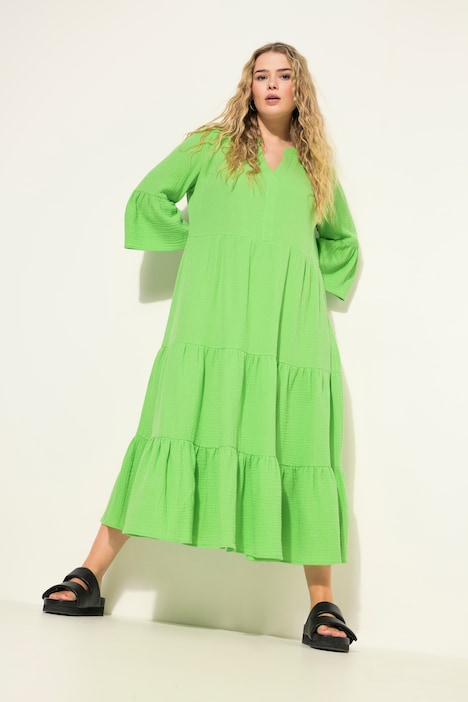 Maxikleid, A-Line, Musselin, Stehkragen, Volants, 3/4-Ärmel