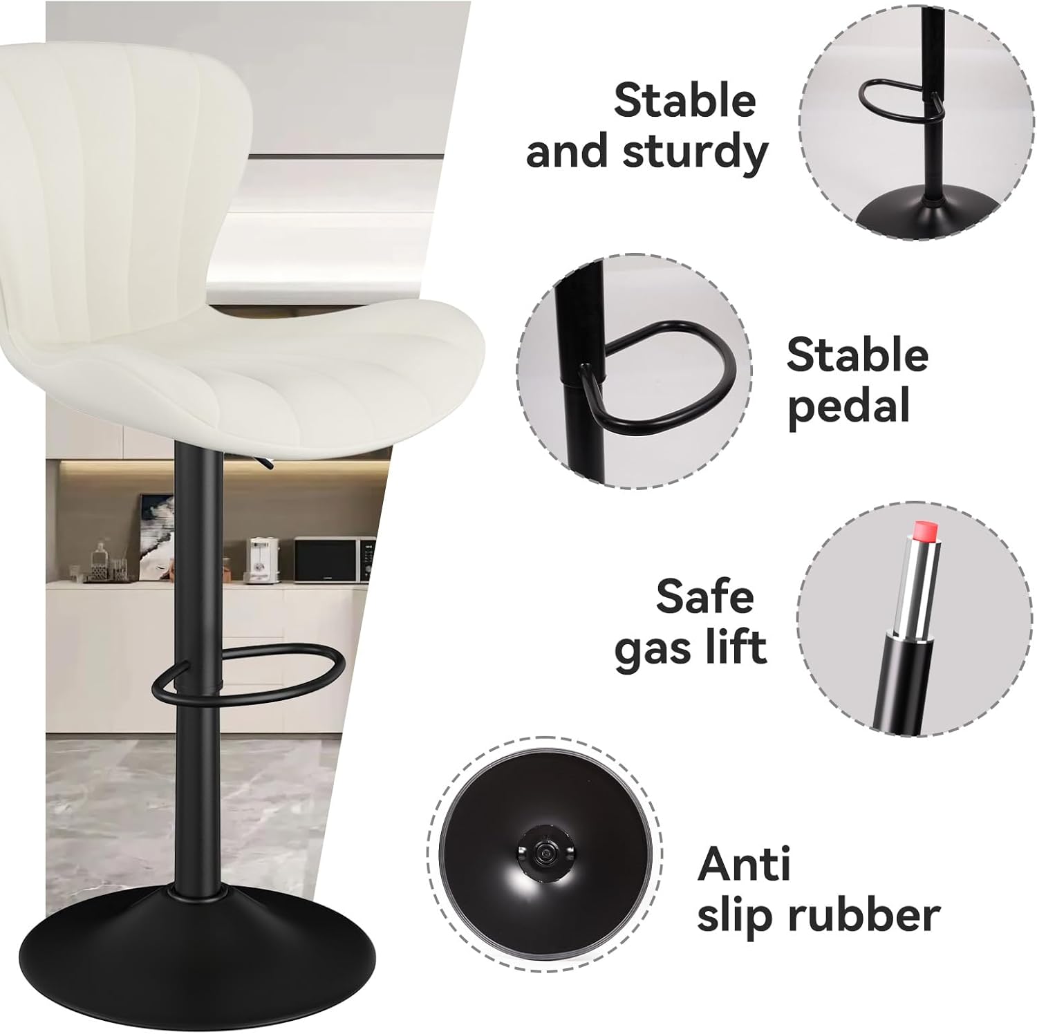 Barhocker 2er Set Höhenverstellbar Barstühle 360° Drehstuhl mit Rückenlehne Küchenstühle mit Fußstütze PU-Leder für die Küche/Wohnzimmer/Bar/Esszimmer Weiß