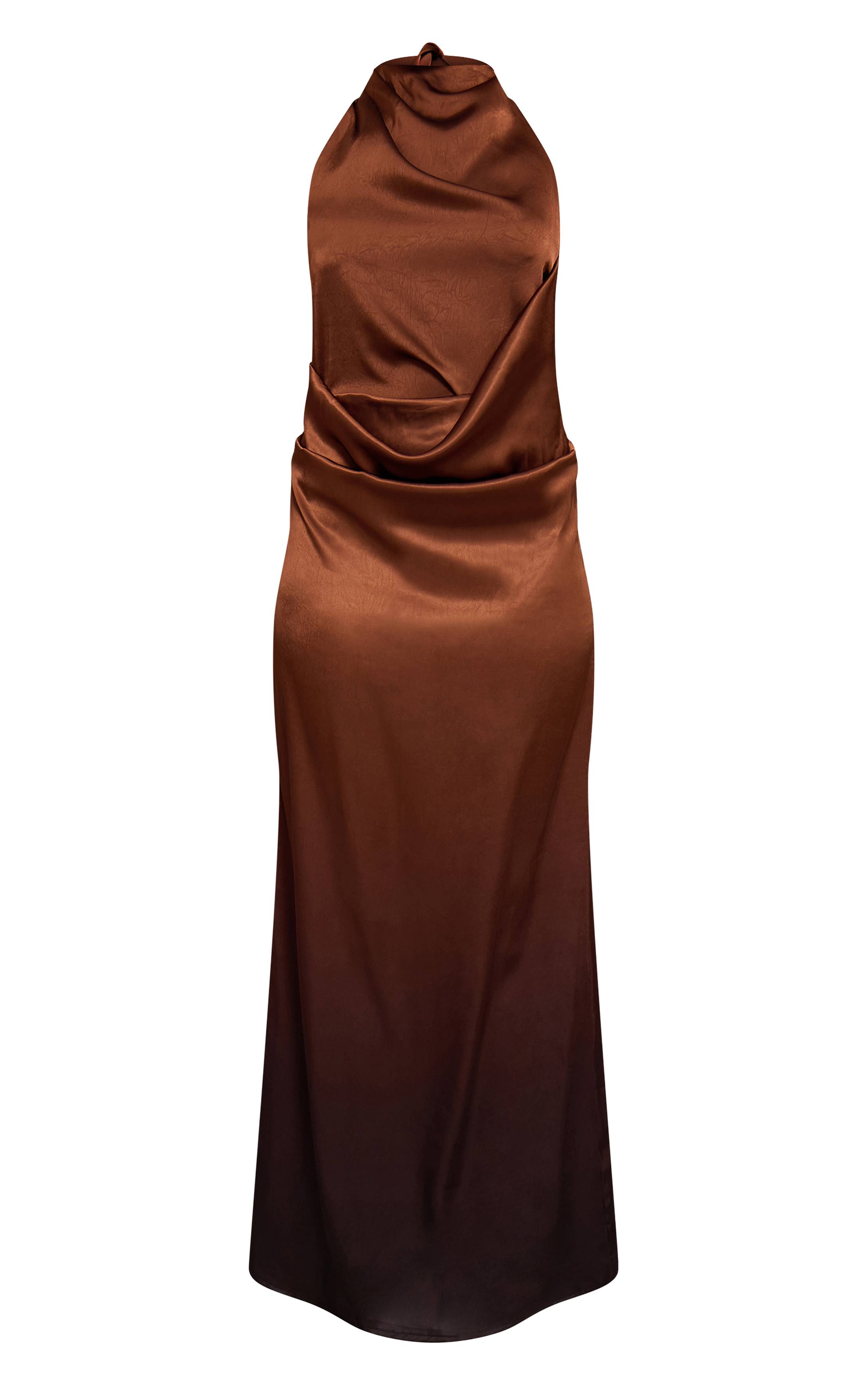 Bronze Robe Longue Col Bénitier En Satin À Imprimé Abstrait Ombré