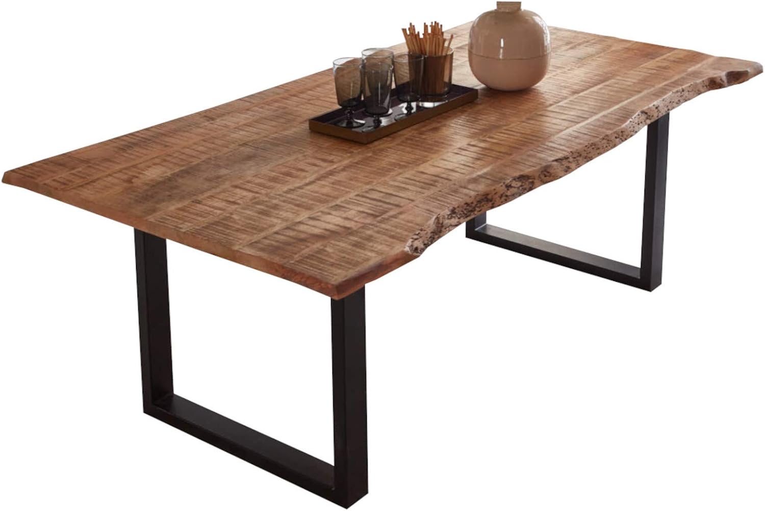 SAM Esstisch 200 x 100 cm Norina, Mangoholz massiv, lackiert & naturfarben, Baumkantentisch mit U-Metallgestell in Mattschwarz, echte Baumkante