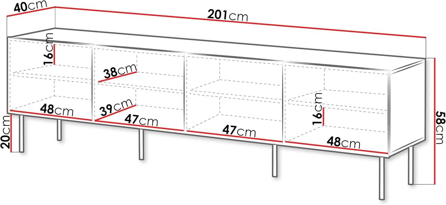 Mirjan24 TV-Lowboard Trigev 200 4D mit 4 Türen, innen 8 Fächer, geriffelte Fronten, Metallfüße, Fernsehschrank, Fernsehtisch, TV Schrank TV Bank (Nuss Warmia)