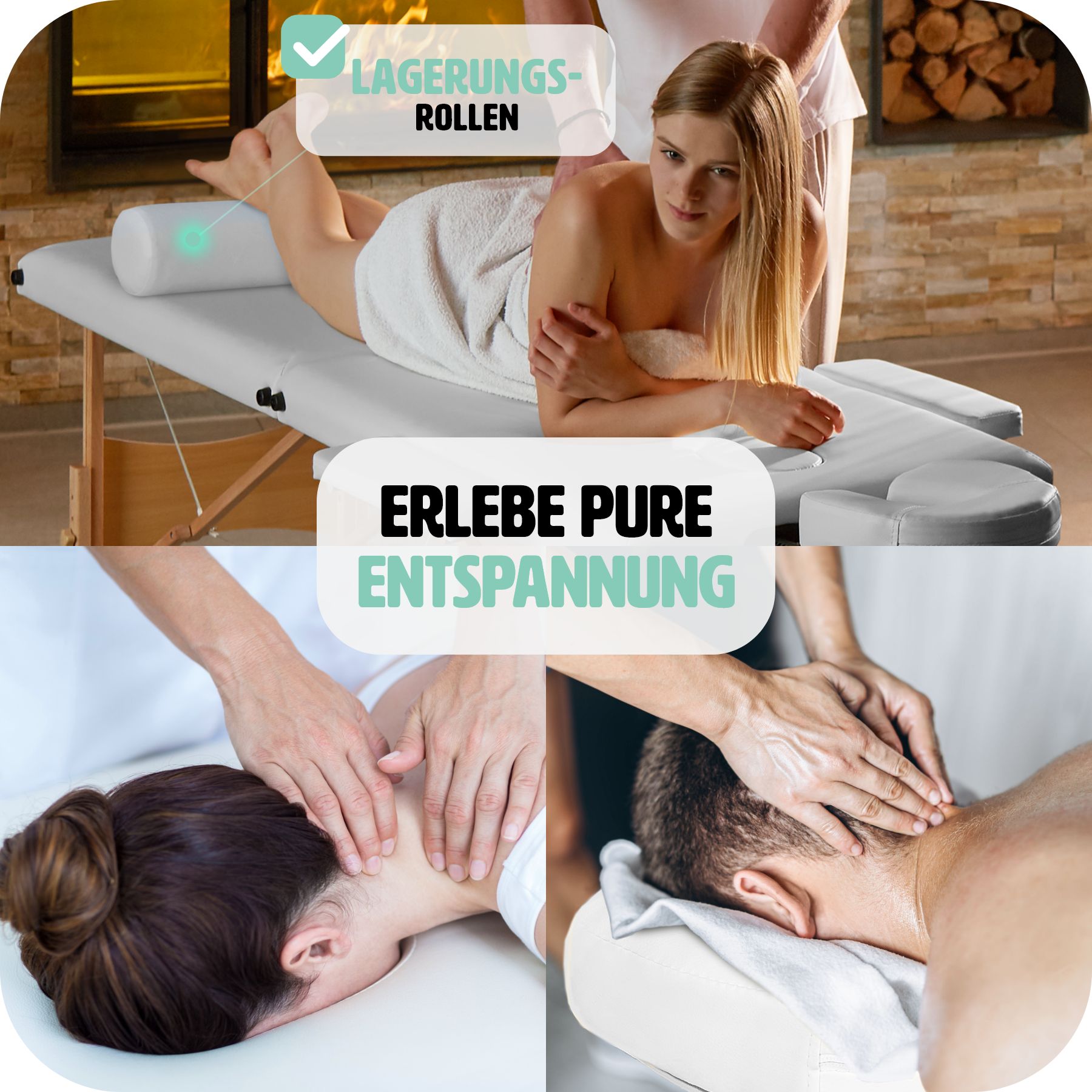 tectake® 2 Zonen Massageliege, inklusive Lagerungsrollen und Tragetasche, klappbar und höhenverstellbar, 220 x 83 x 65,5 - 87,5 cm