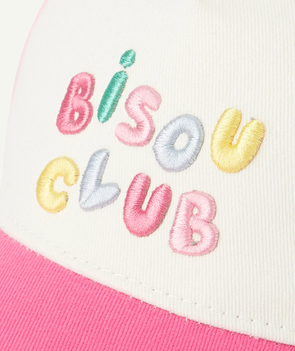 CASQUETTE BÉBÉ FILLE ROSE ET BLANCHE MESSAGE BRODÉ BISOU CLUB
