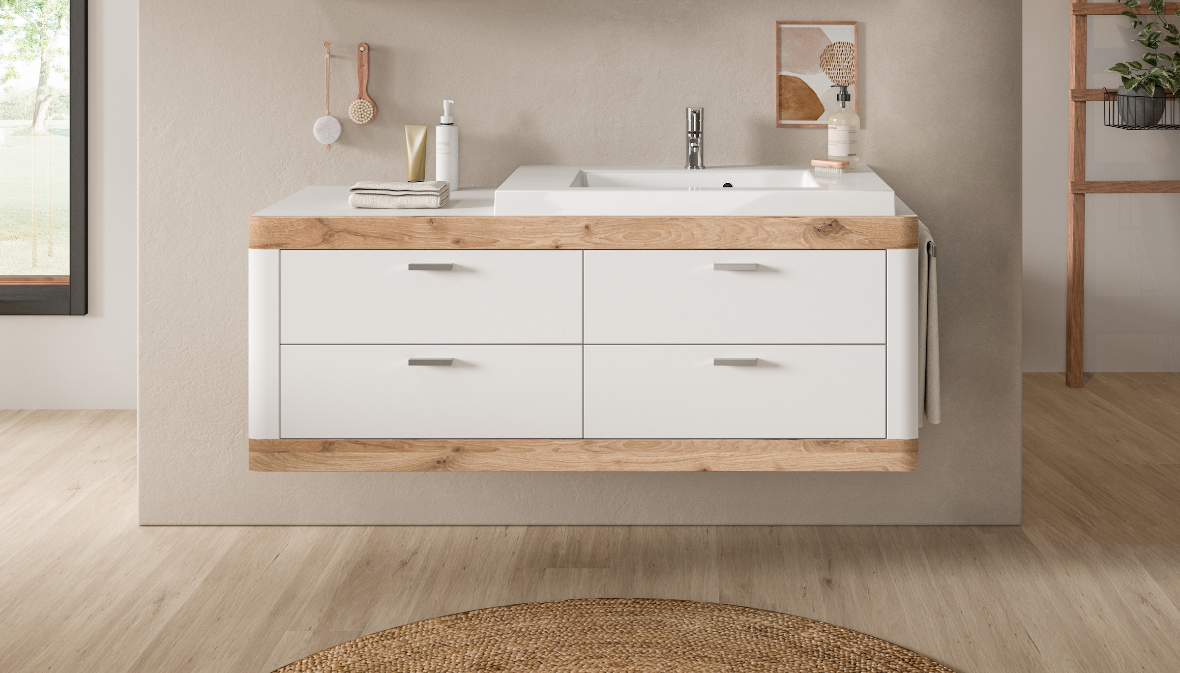 Home affaire Waschtisch »Landsby, Breite 133 cm, inkl. Mineralguss-Waschbecken, 4 Schubkästen« 2 Stk. tlg. inkl. Waschbecken