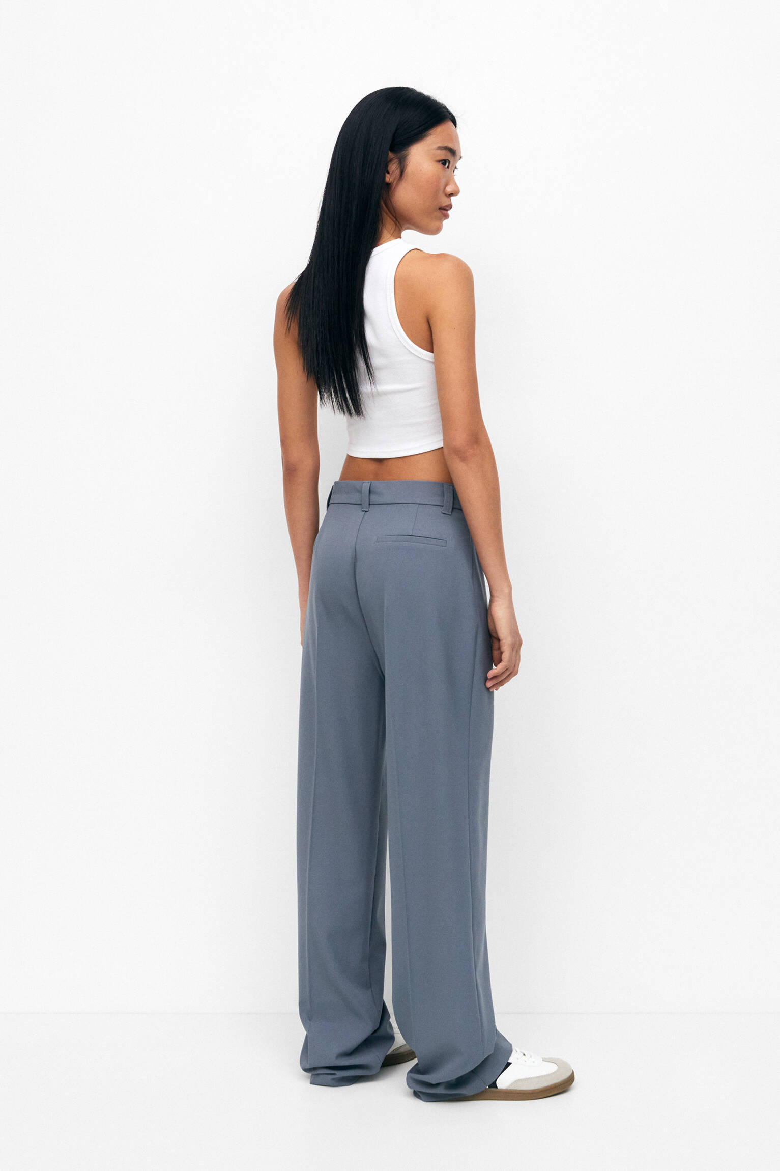 Calça social de corte reto - cinza azul