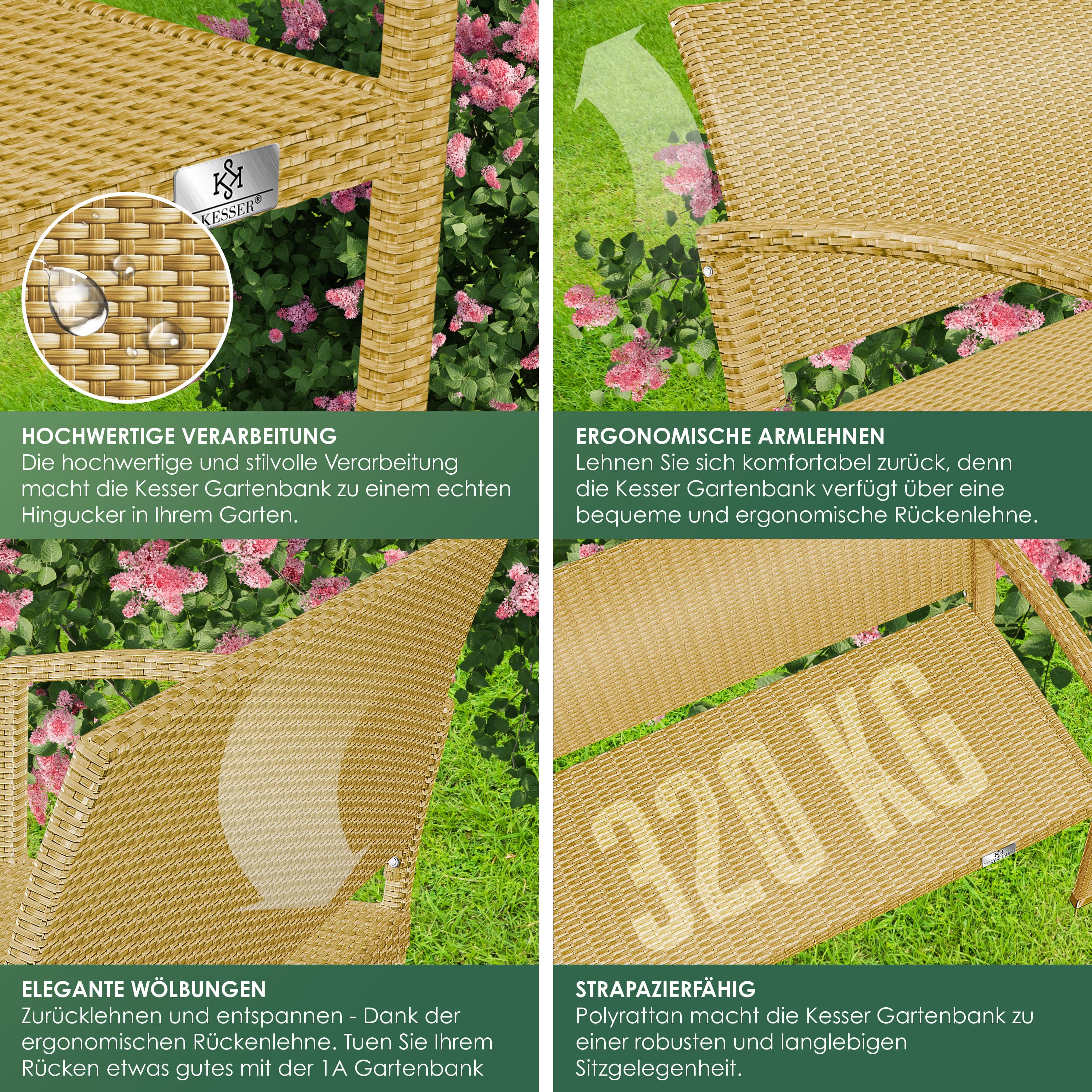 KESSER® Gartenbank Polyrattan 2-Sitzer Wetterfest | Rattan-Sitzbank UV-Beständig & bis 320kg belastbar | Balkon-Bank 125x62x90cm | Garten-Möbel mit ergonomischen Armlehnen | Für 2 Personen