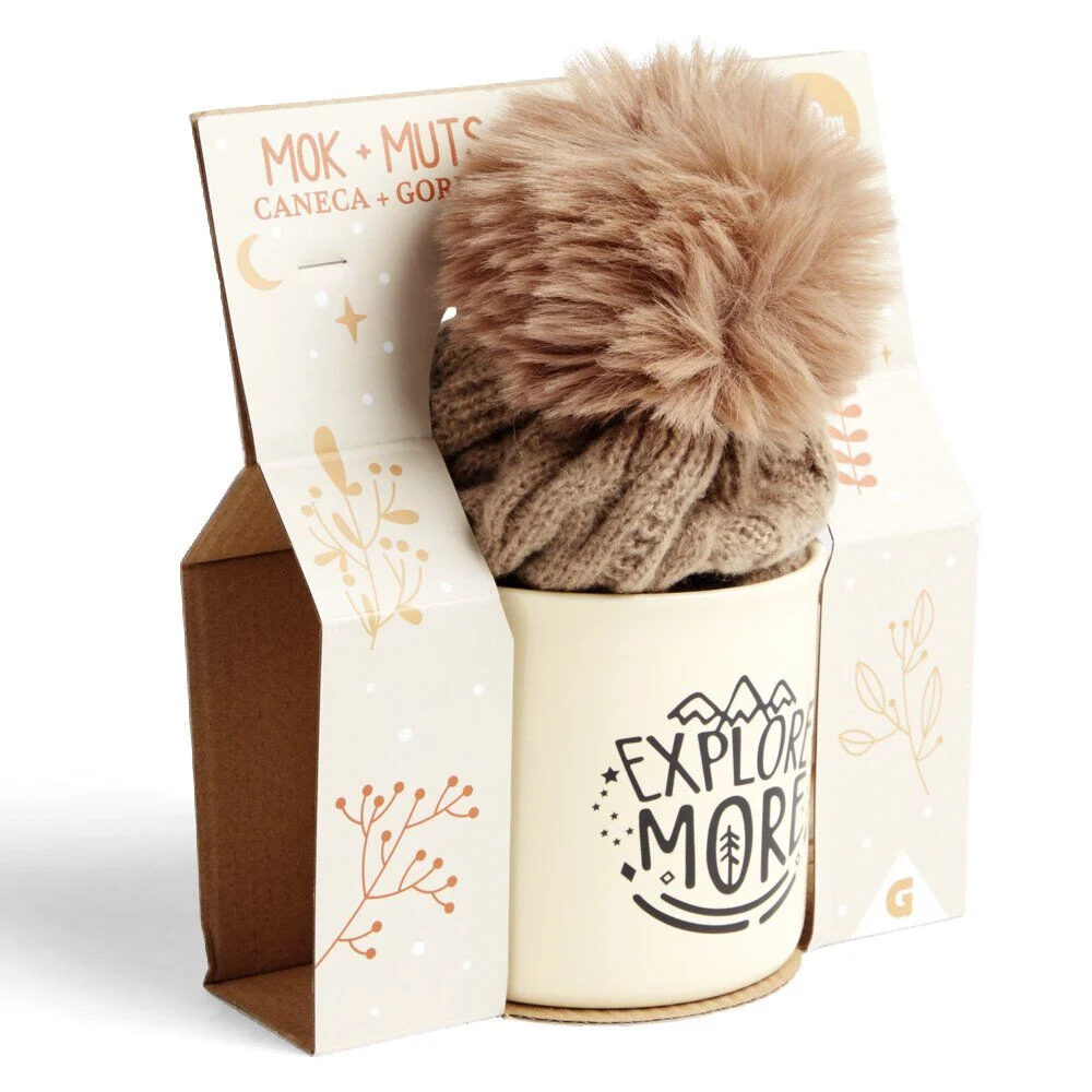 Ensemble mug 450ml faïence avec bonnet à pompon marron