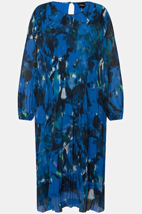 Plissee-Kleid, Blätter, A-Linie, Rundhals, Langarm