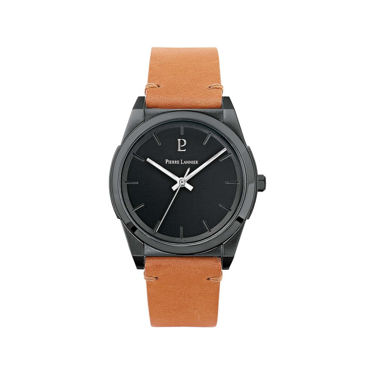 Montre PIERRE LANNIER Candide homme acier noir bracelet cuir marron
