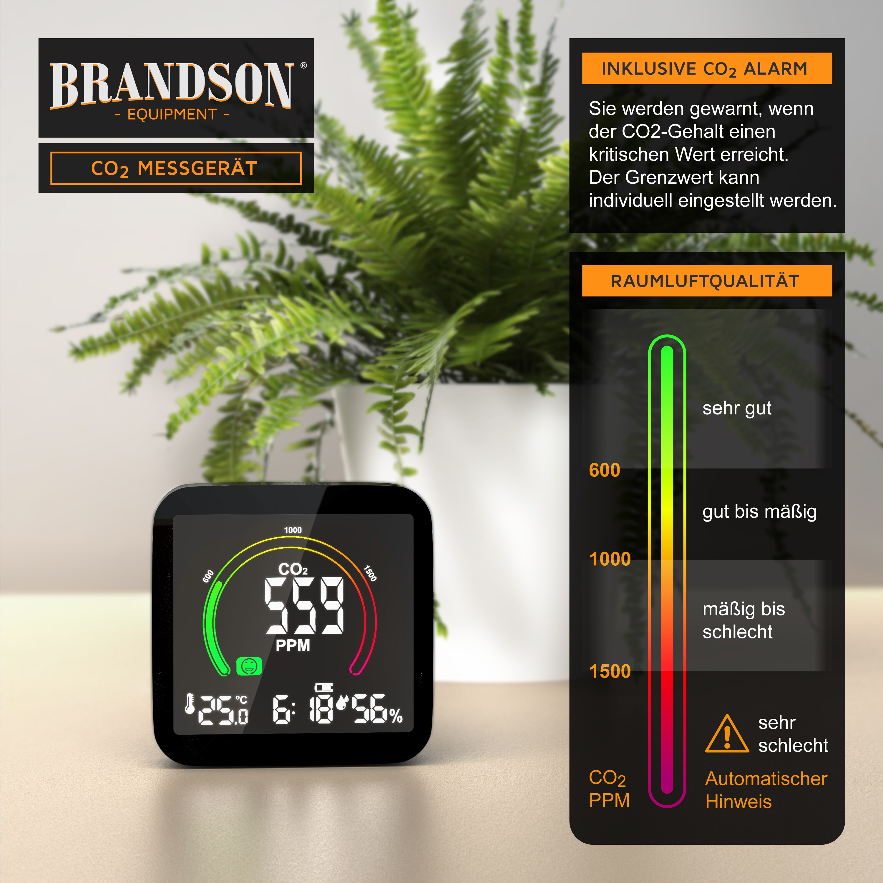 Brandson - CO2 Melder Messgerät Luftqualitätsprüfer, Kohlenstoffdioxid Sensor Messung PPM, Co2 Anzeige, Raumluft Lüftungsampfehlung Alarm, Wecker