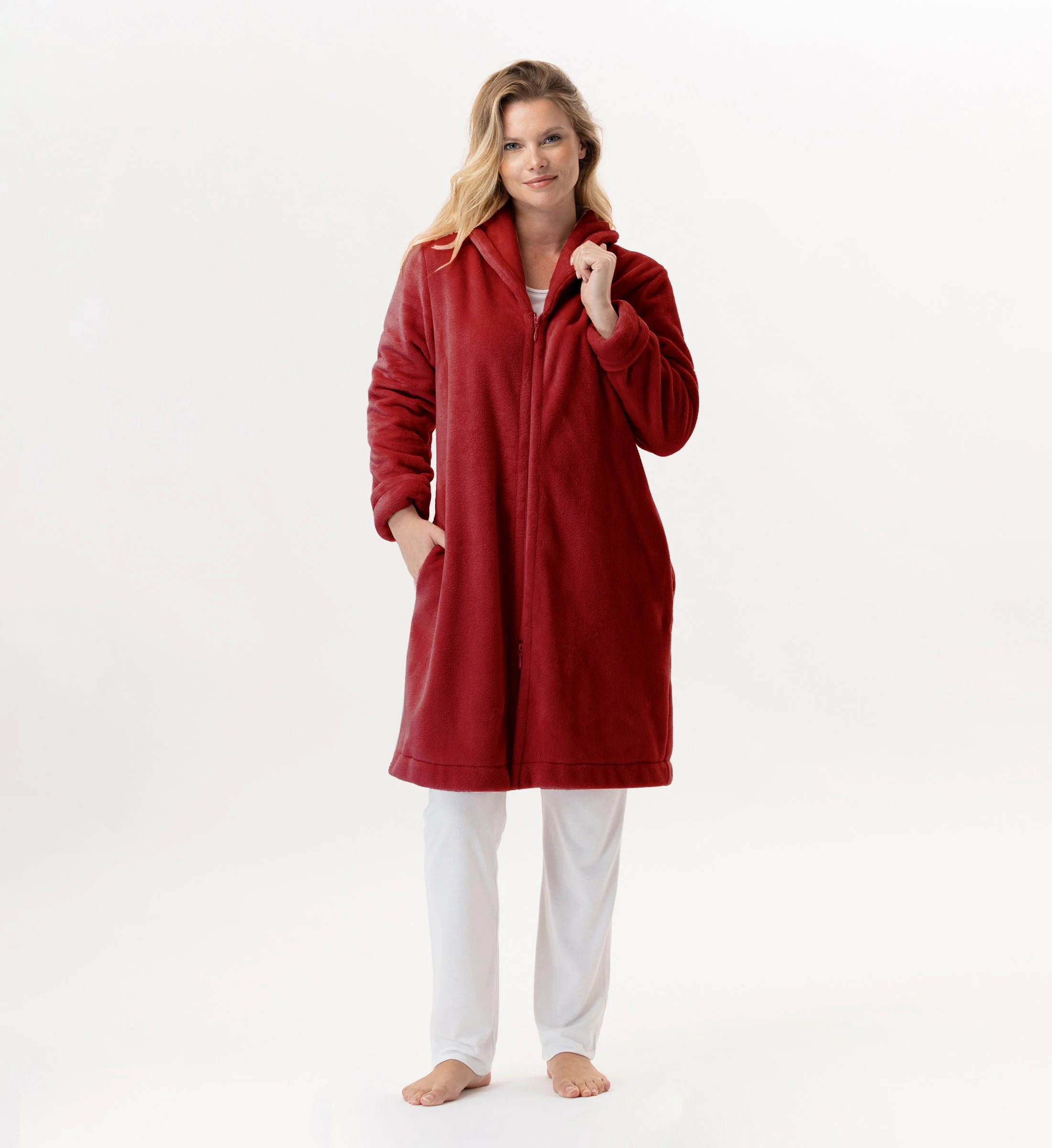 ESSENTIEL H56B - Robe de chambre zipée en peluche flanelle | Rouge