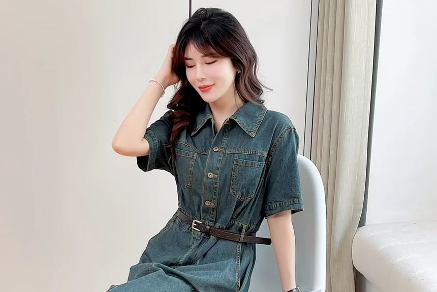 Aigan - Henley denim maxi-overhemdjurk met korte mouwen