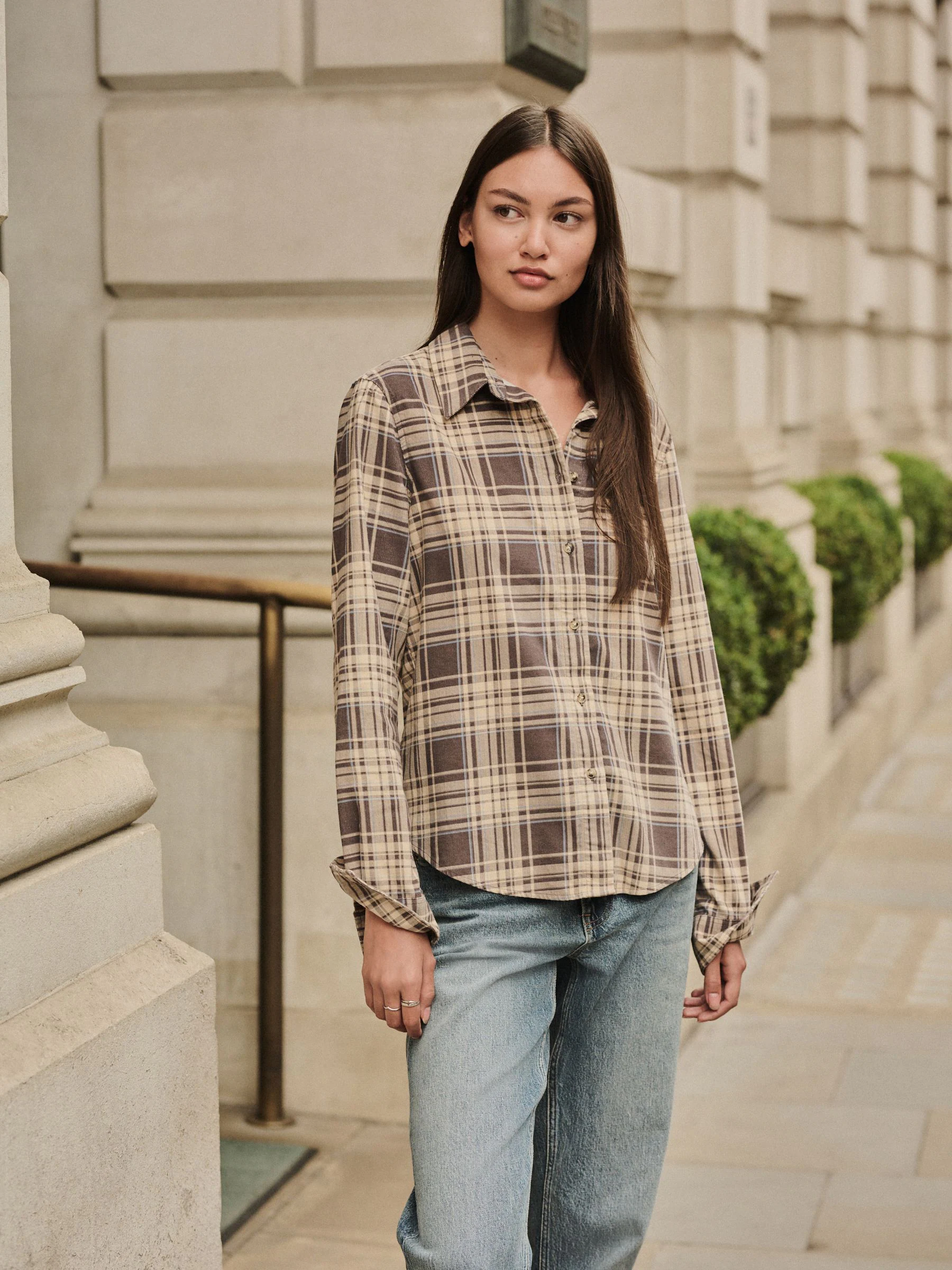 Bruin/Crème Ruit - Corduroy overhemd met lange mouwen