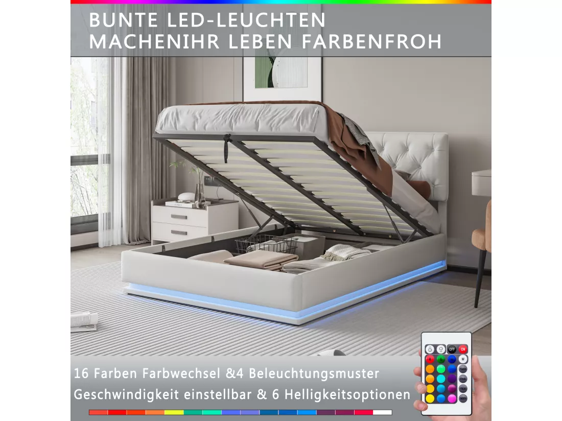 Lit 140x200cm - Espace de Rangement - Sommier à Lattes - Eéclairage LED et tête de lit relevable - Lin - Beige