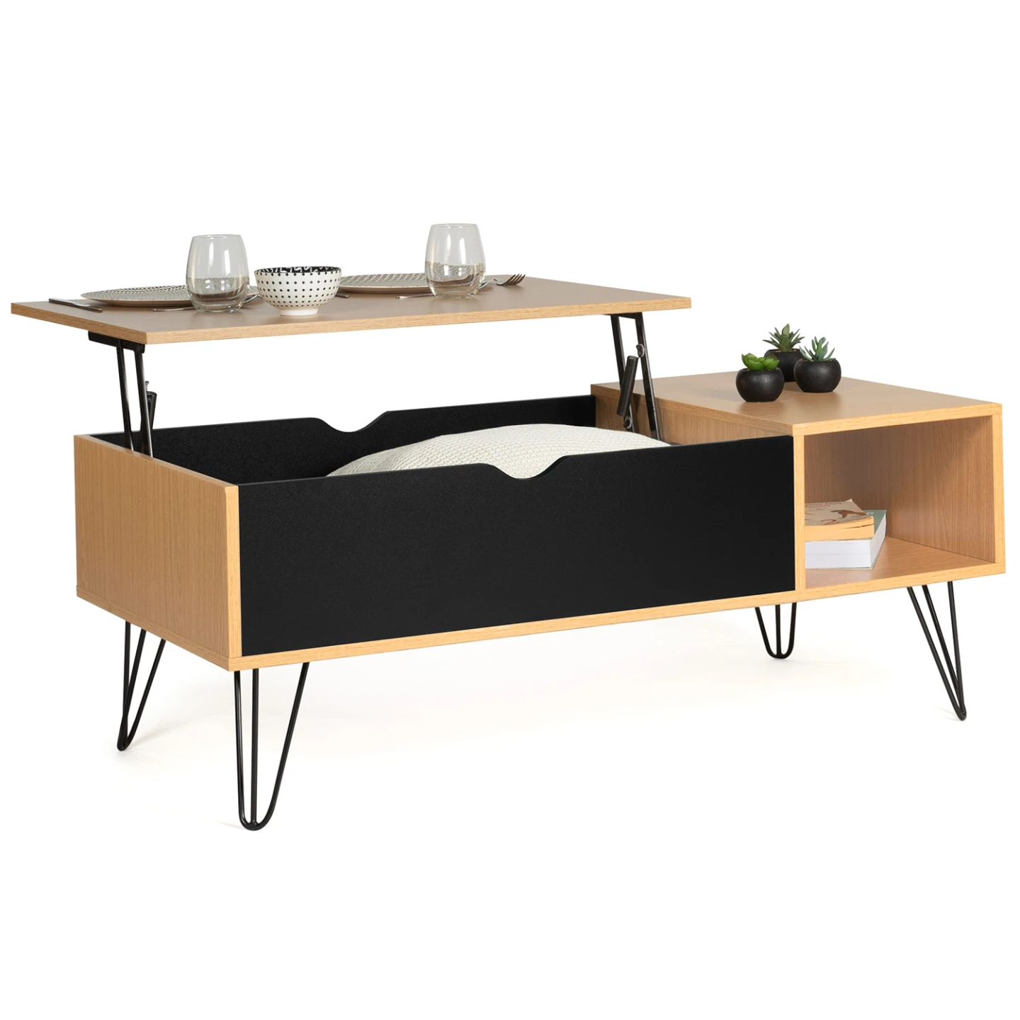 Table basse plateau relevable rectangulaire NOEMI bois pied épingle