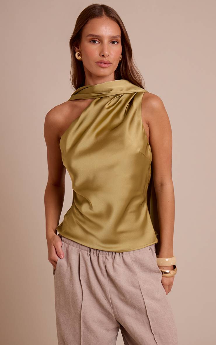 Vert Olive Top En Satin À Détail Foulard Asymétrique