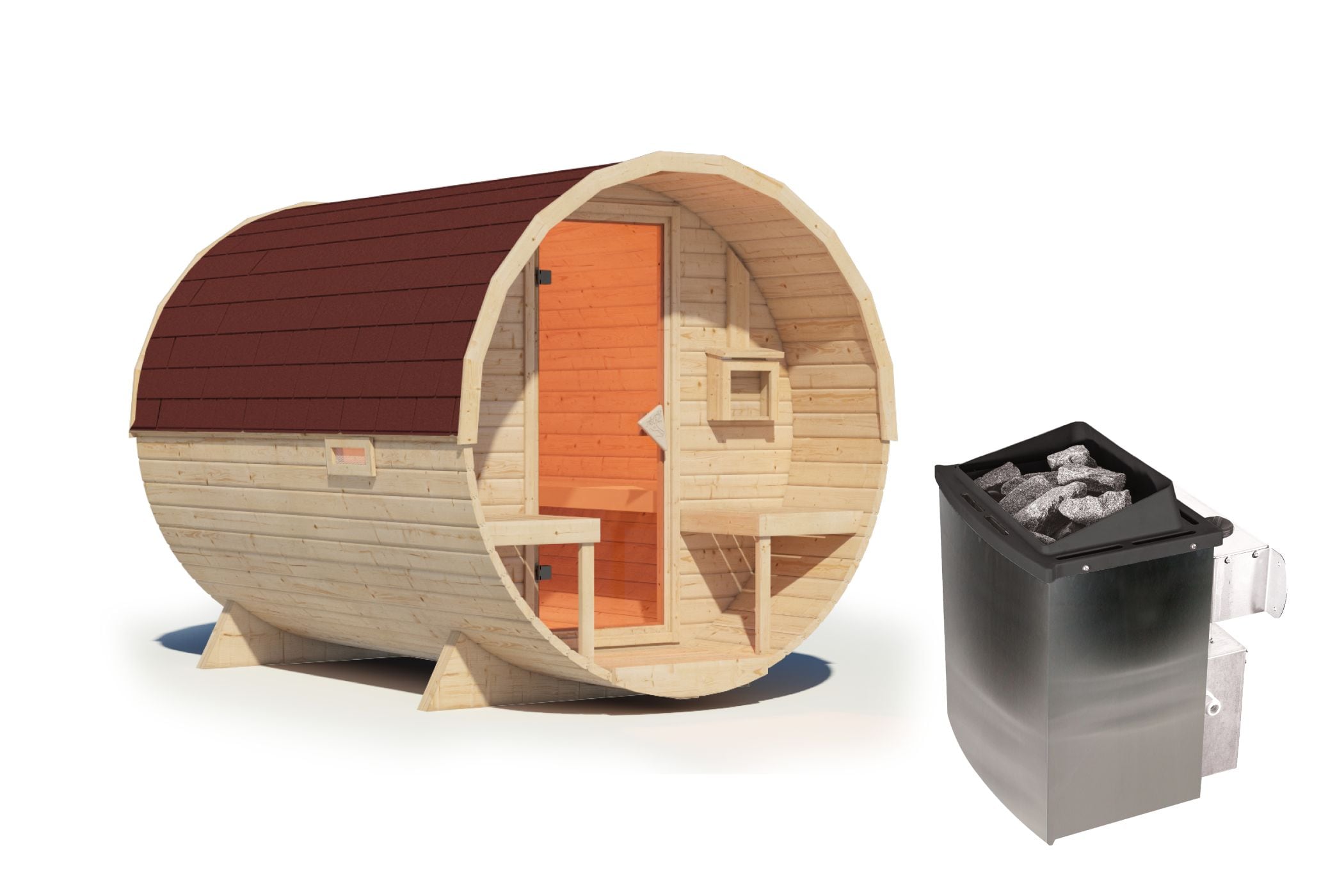 Karibu Fasssauna 2 - 38 mm Saunaofen eingebaute Steuerung 9 kW inkl. Dachschindeln