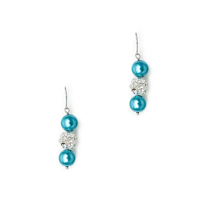 Parure Bracelet et Boucles d'oreilles Perles Bleues, Cristal et Plaqué Rhodium
