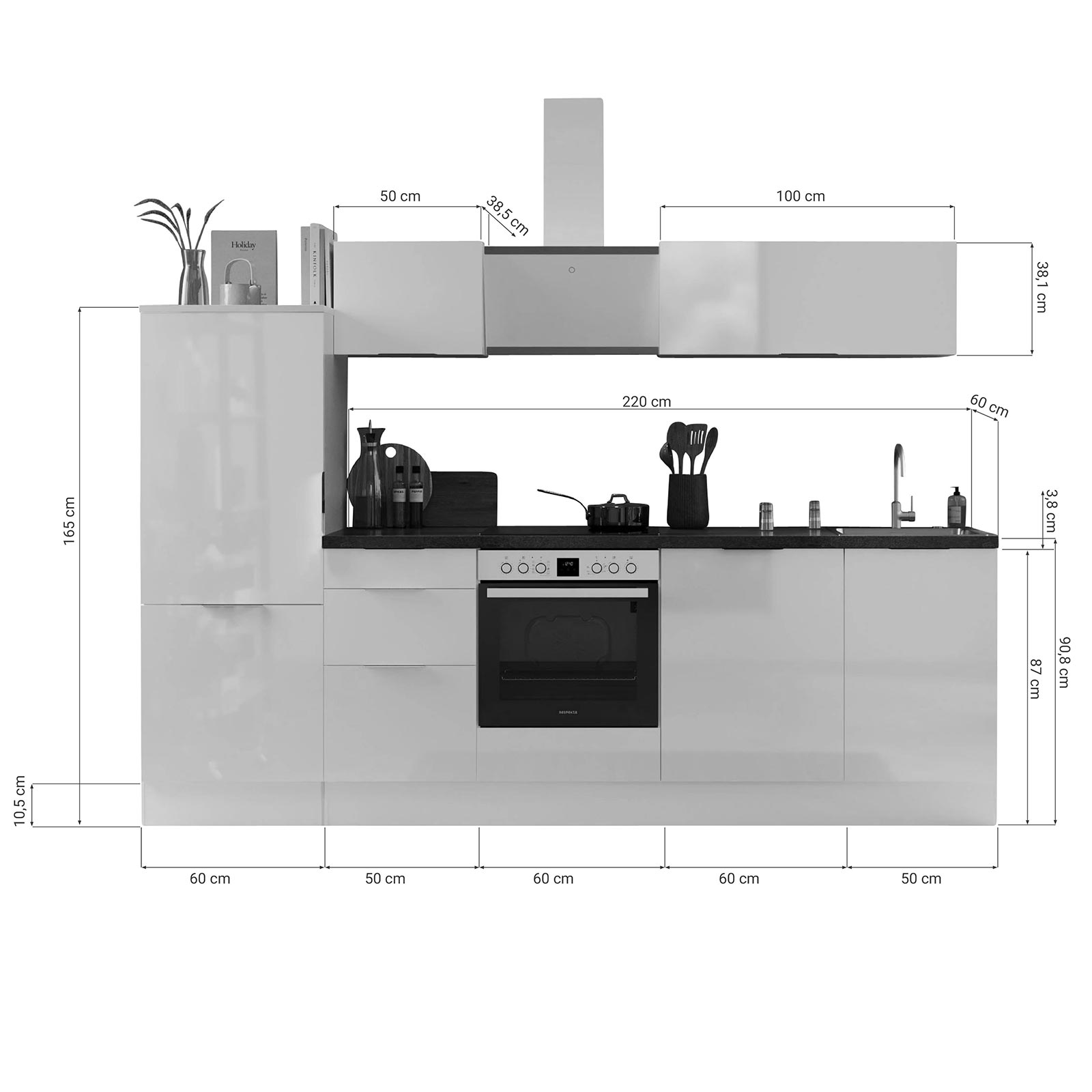 RESPEKTA Küchenblock - grau matt - mit E-Geräten - 280 cm