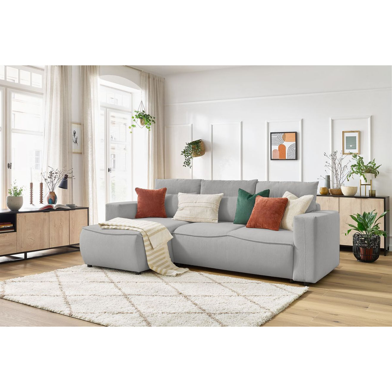 Bobochic Canapé d'angle gauche convertible coffre jasmin velours côtelé gris clair - 256x158x90 cm