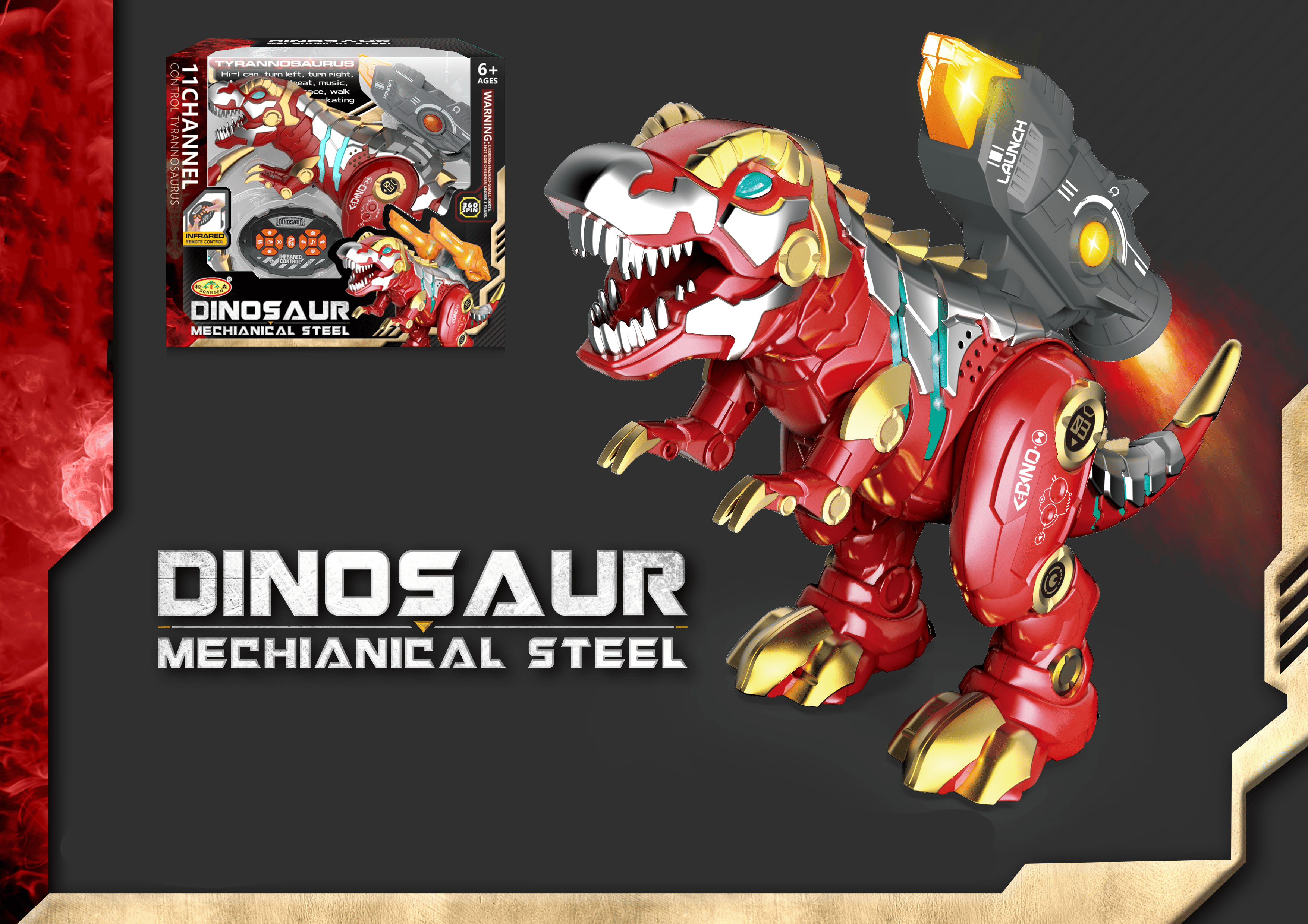 (43x15cm) Ferngesteuertes 2.4GHz RC Spielzeug Mech Dinosaurier mit Sound Effekt / Sprühnebel inkl. Fernsteuerung (Batteriebetrieben) - Tyrannosaurus