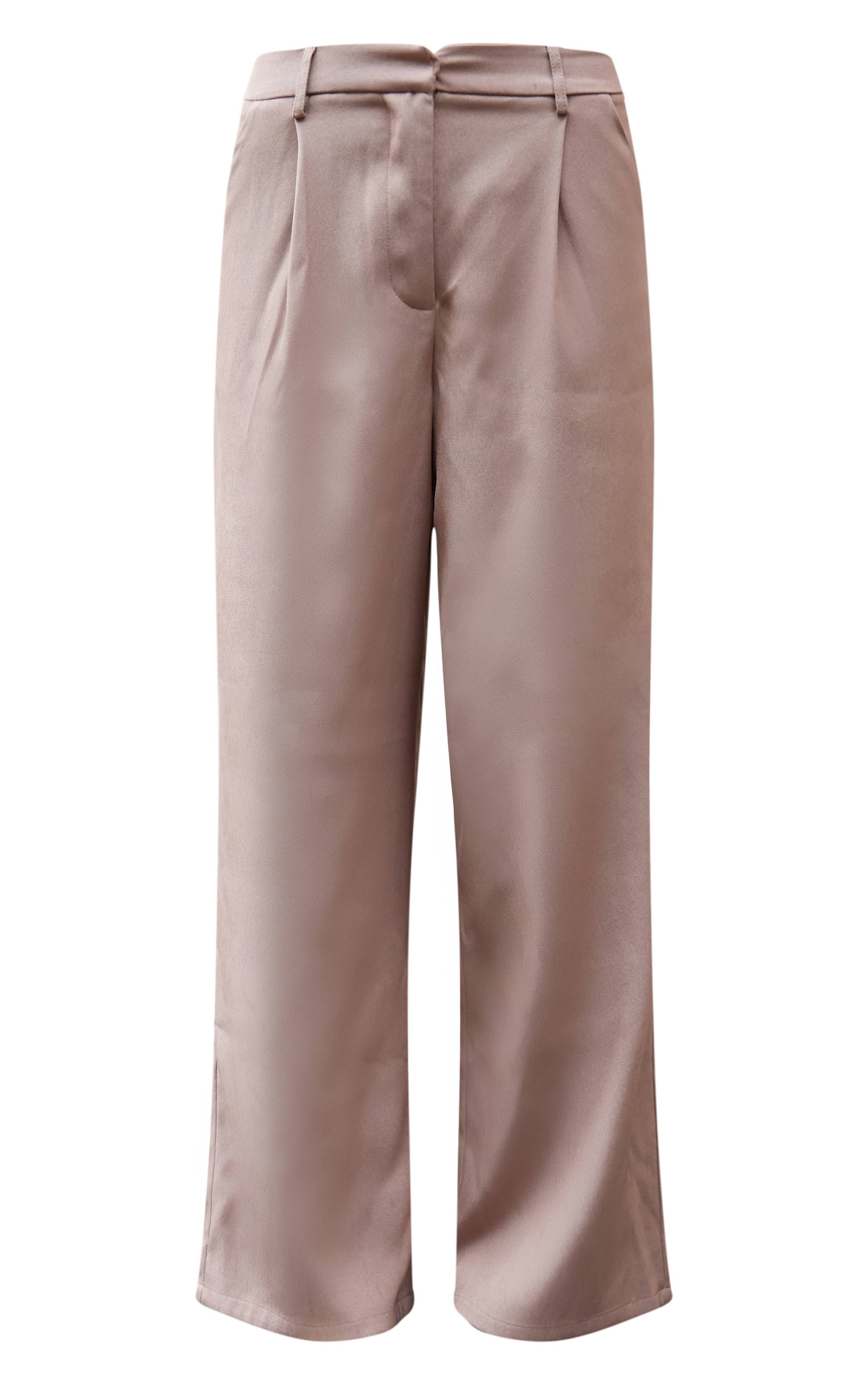 Taupe Pantalon Tailleur Droit Haut De Gamme À Pinces